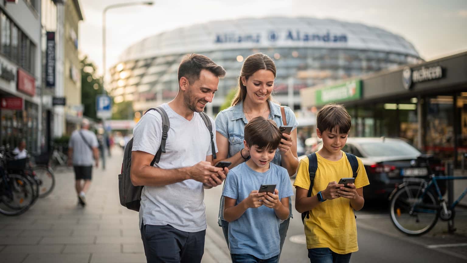 A family, parents and two children, happily walking through the bustling streets of Munich, Germany, near the Allianz Arena, holding their smartphones, with a football stadium in the background.