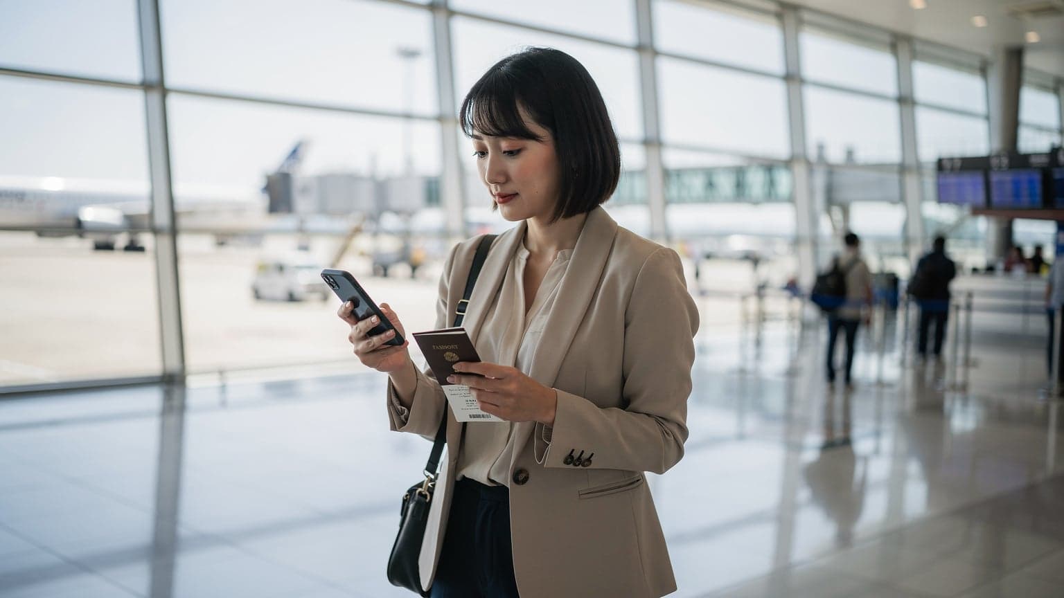 東京の成田空港第1ターミナル出発ロビーで、搭乗券とパスポートを持った30代の日本人女性がスマートフォンでeSIMの設定画面を確認している様子。