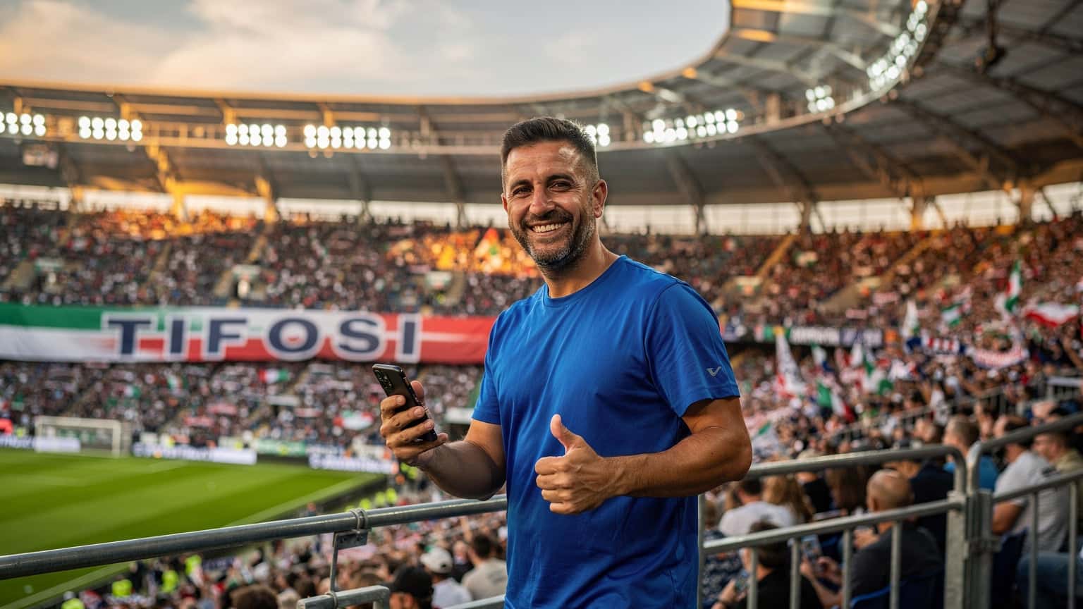 Un tifoso italiano sorride mentre controlla il suo telefono con uno stadio tedesco affollato e bandiere in sottofondo, la luce dorata del tramonto illumina la scena.