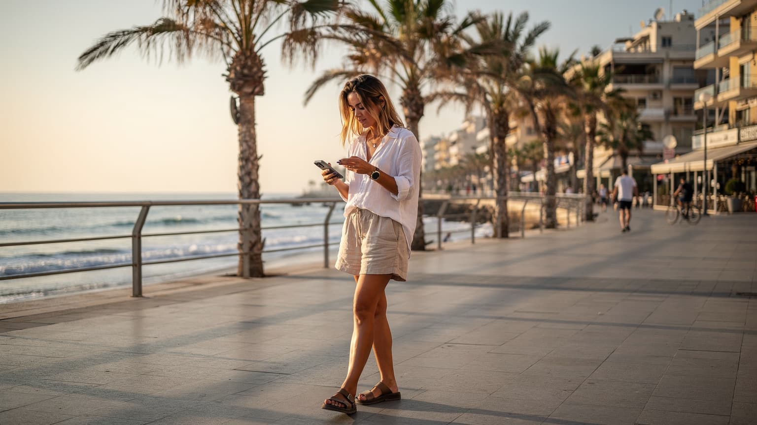 Μια γυναίκα κρατά το smartphone της, με την οθόνη να αντανακλά τον ήλιο, καθώς περπατάει κατά μήκος της προκυμαίας της Λεμεσού στην Κύπρο, με φόντο τη Μεσόγειο Θάλασσα και τα μοντέρνα κτίρια.