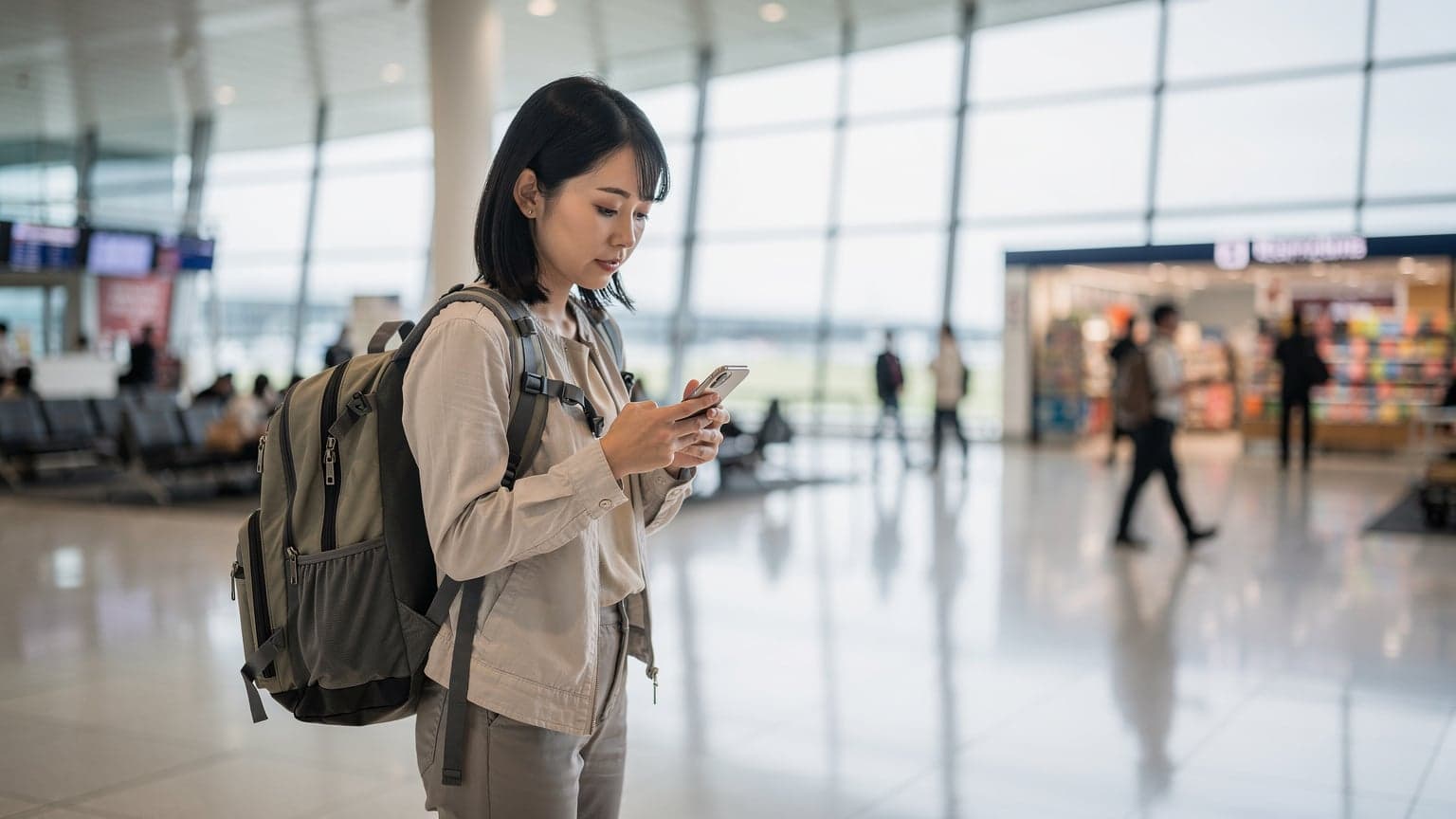 大阪の関空国際線出発ロビーで、手荷物検査を通過しようとしている日本の女性旅行者が、iPhoneでeSIMの設定ガイドを確認している様子。