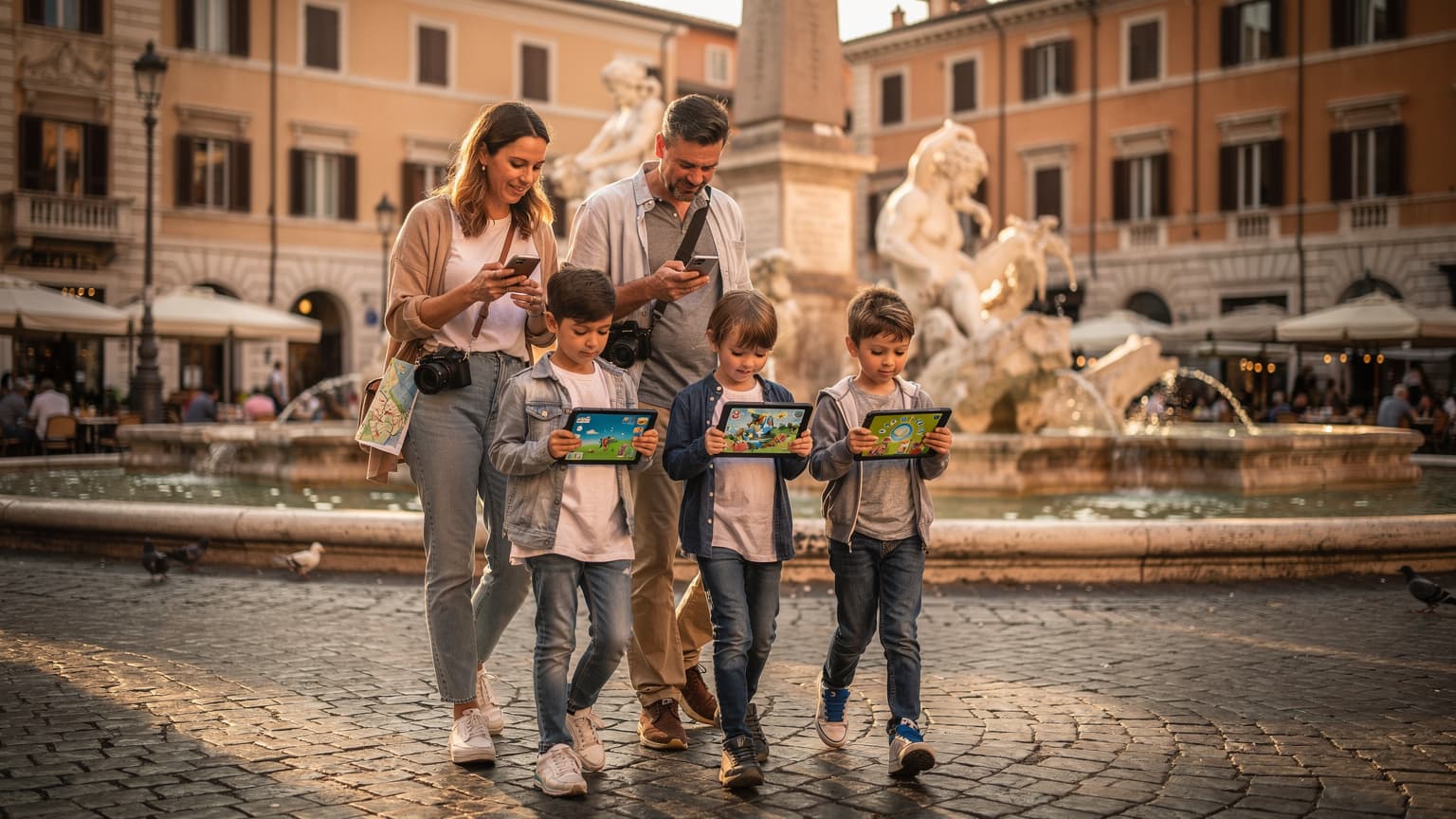 A family, including two parents and two children, happily walking through a bustling European city square, all looking at their iPhones and smiling, with historic architecture in the background.