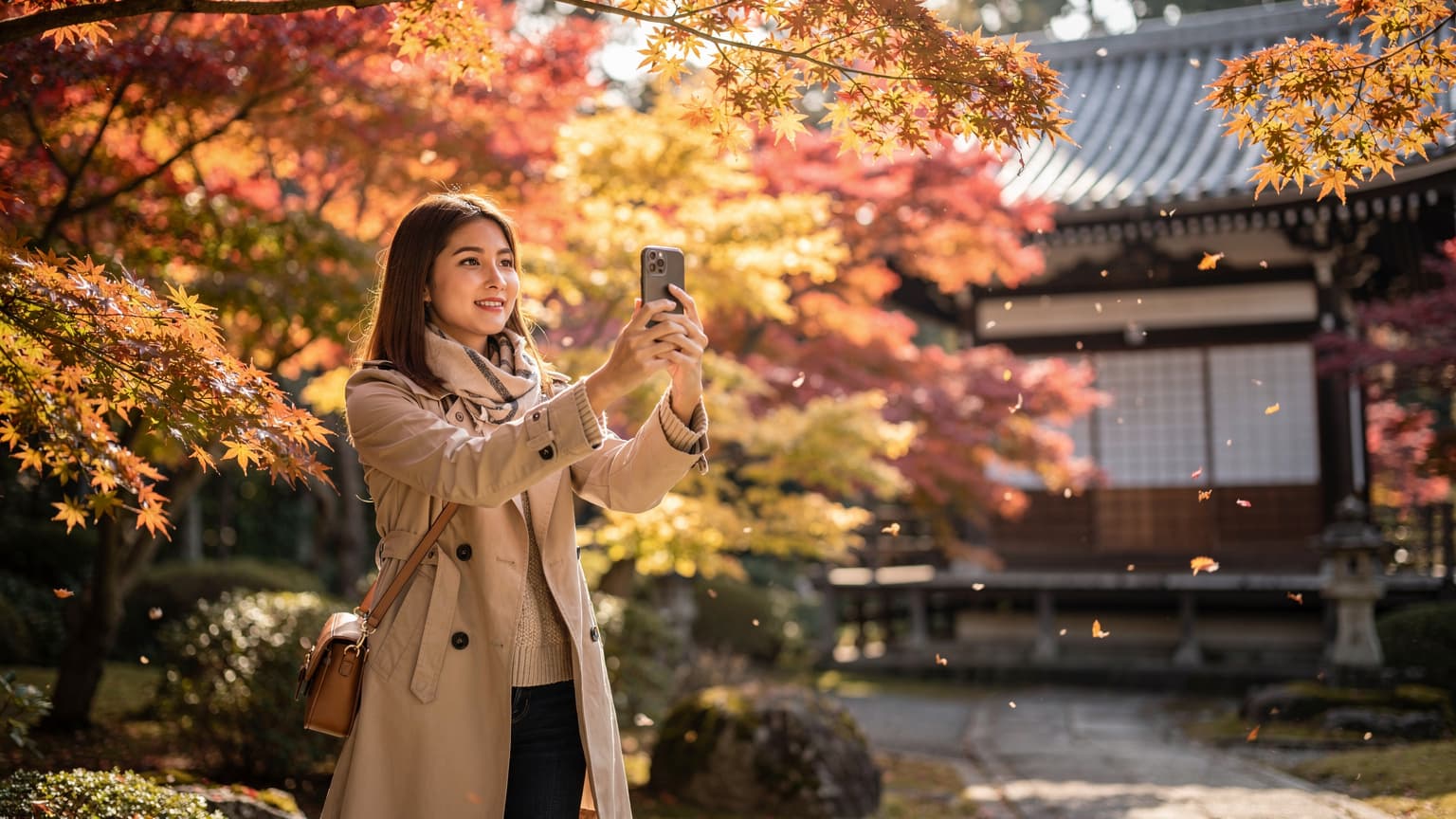 นักท่องเที่ยวหญิงกำลังใช้สมาร์ทโฟนถ่ายภาพทิวทัศน์ใบไม้เปลี่ยนสีสีแดงสดใสที่วัดในเกียวโตช่วงเช้าตรู่