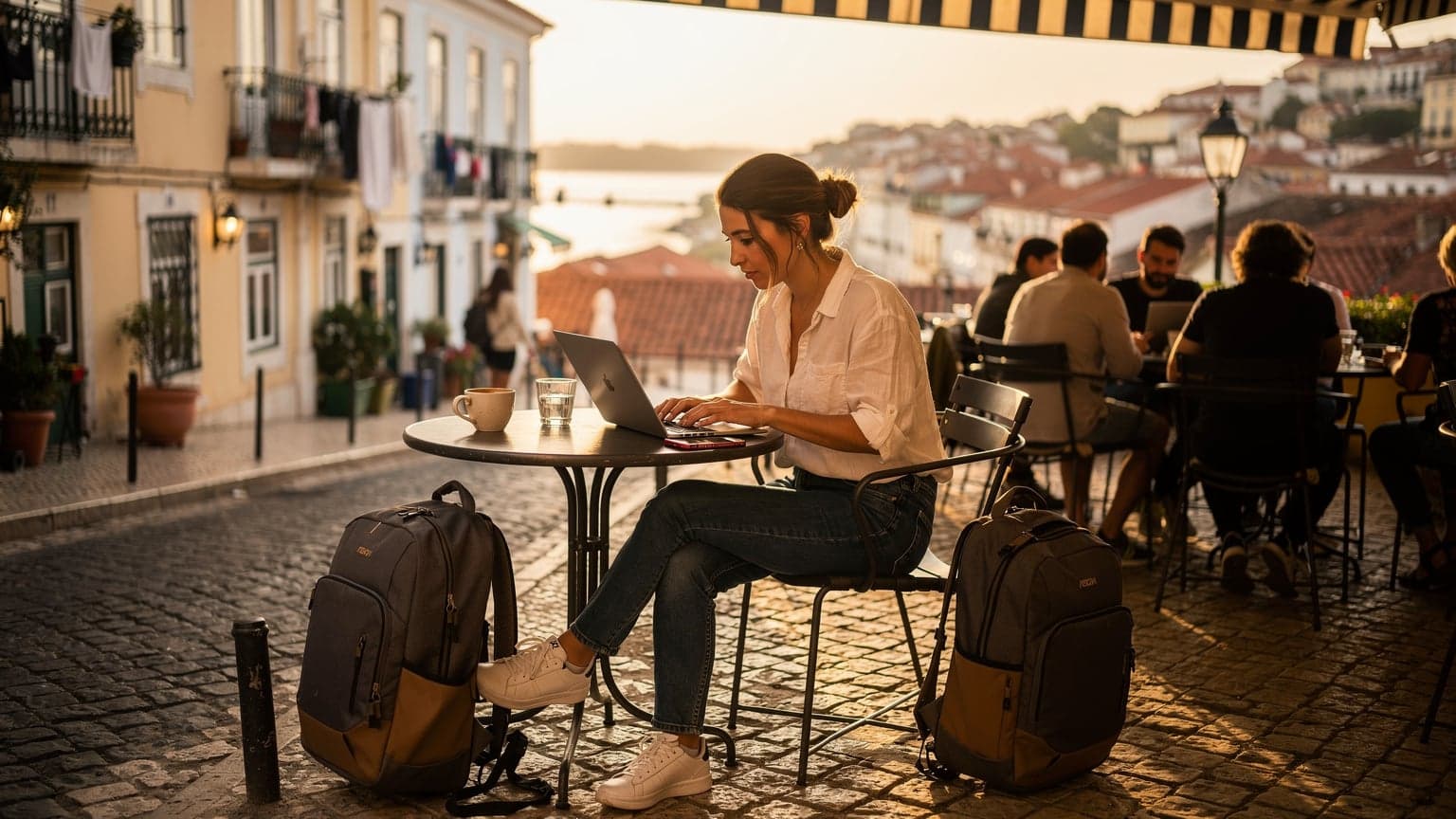 A woman working on her laptop at a vibrant outdoor cafe in Lisbon, with a small backpack and a smartphone beside her, reflecting the digital nomad lifestyle.