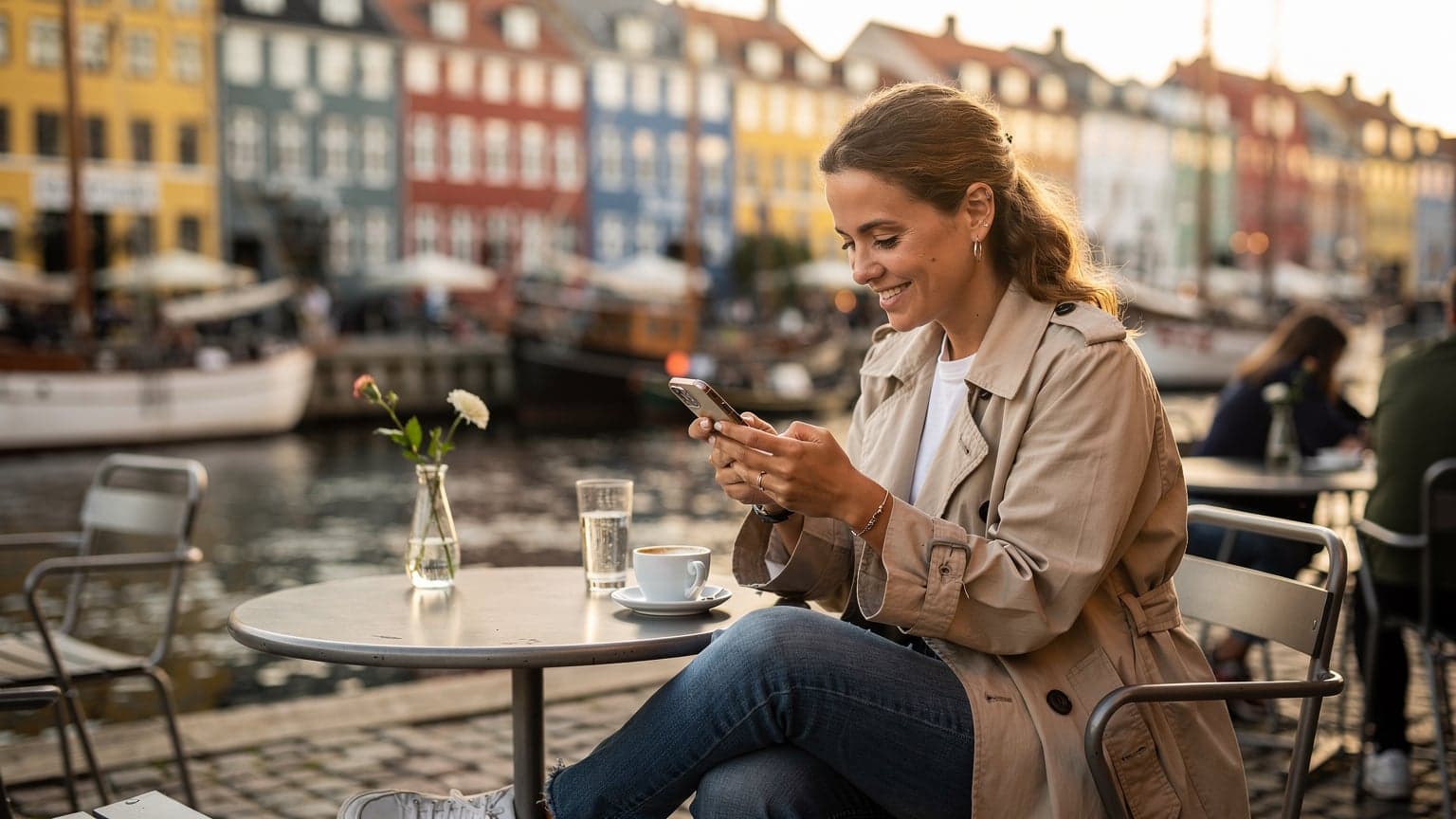 En kvinna tittar på sin telefon vid en uteservering i Nyhavn, Köpenhamn, med de färgglada husen i bakgrunden.