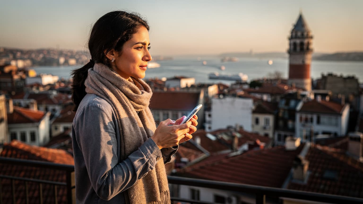 İstanbul'un Karaköy semtindeki tarihi bir binanın terasında, elinde akıllı telefonuyla Haliç manzarasına bakan genç bir kadın. Telefon ekranında bir eSIM aktivasyon arayüzü açık.