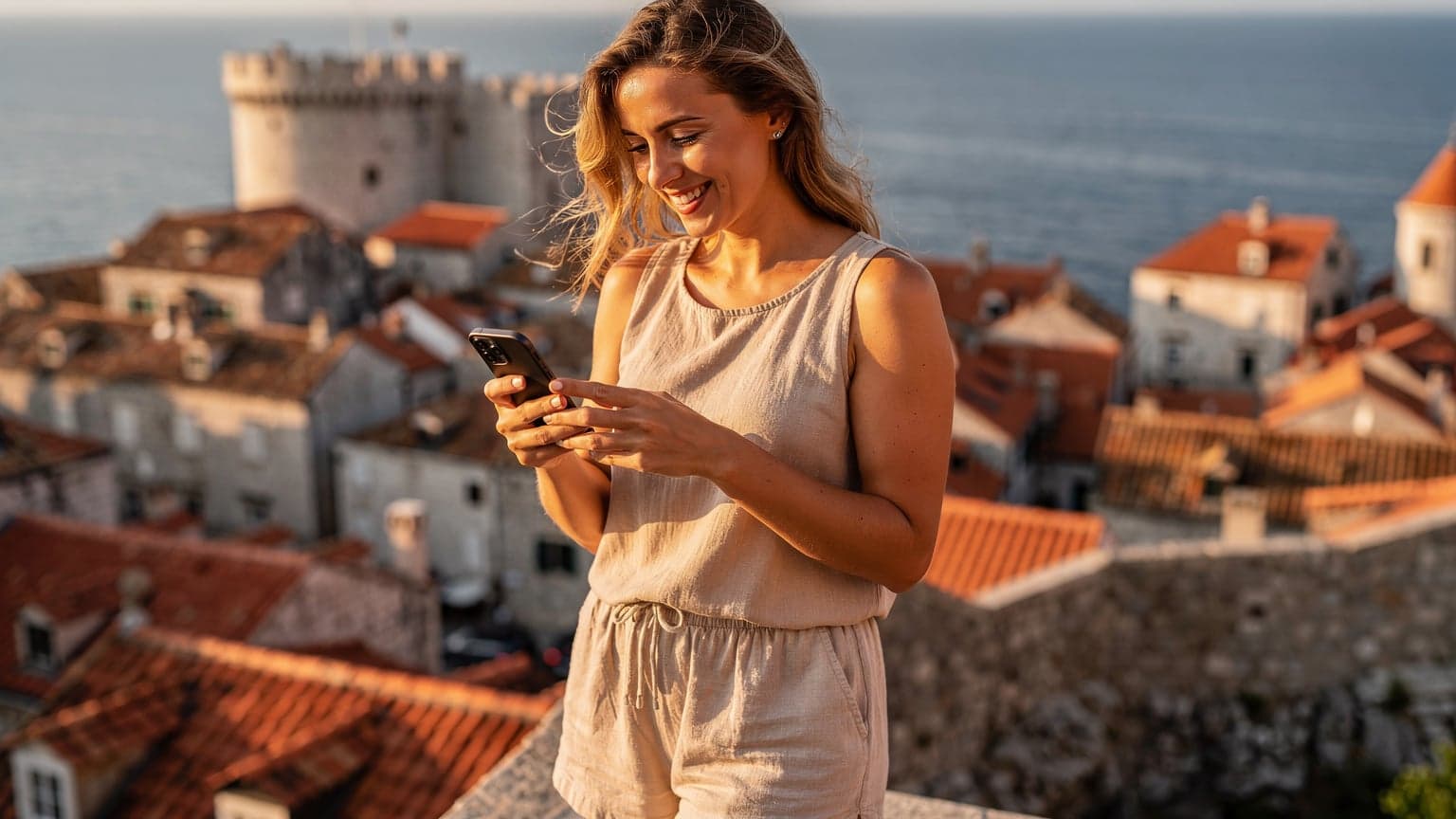 O turistă zâmbește în timp ce privește harta digitală pe telefonul ei, cu un fundal estival vibrant al orașului vechi din Dubrovnik, Croația, sub lumina caldă a soarelui de după-amiază.