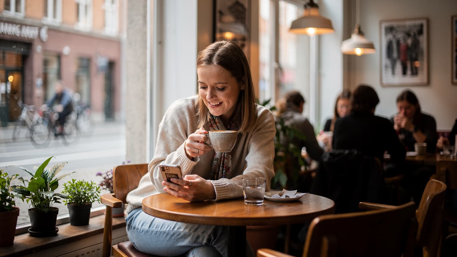 En ung dansk kvinde sidder på en travl café i Københavns Nørrebro-distrikt, nipper til en kop kaffe og smiler, mens hun tjekker sin telefon, med en åben rejseguide og et pas liggende på bordet.