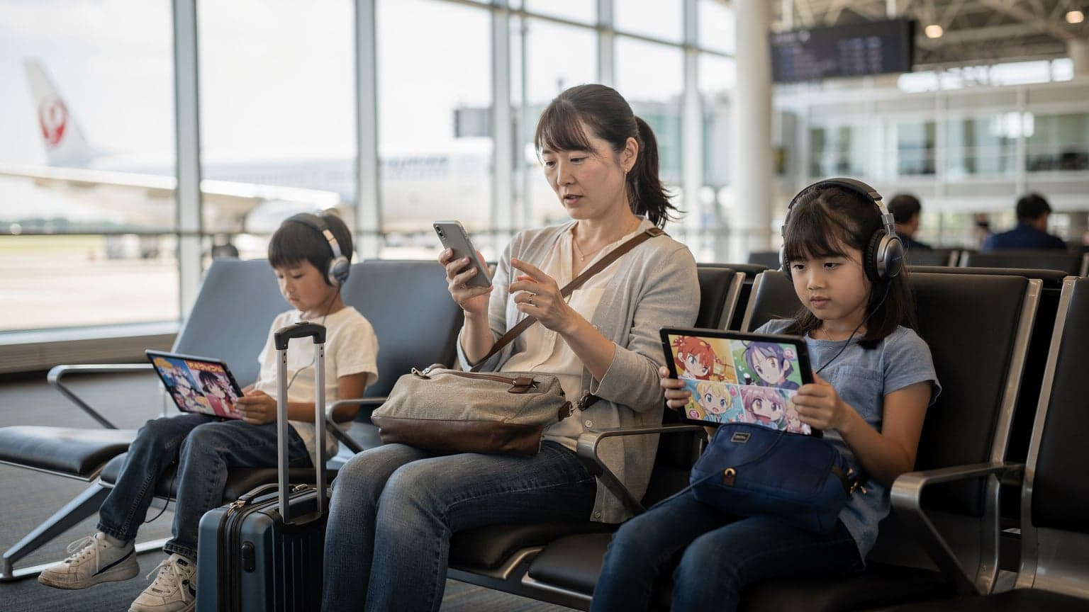 成田空港の出発ロビーで、母親がiPadでアニメを見ている子供たちを横目に、自身のスマートフォンでeSIMの設定画面を確認している様子。