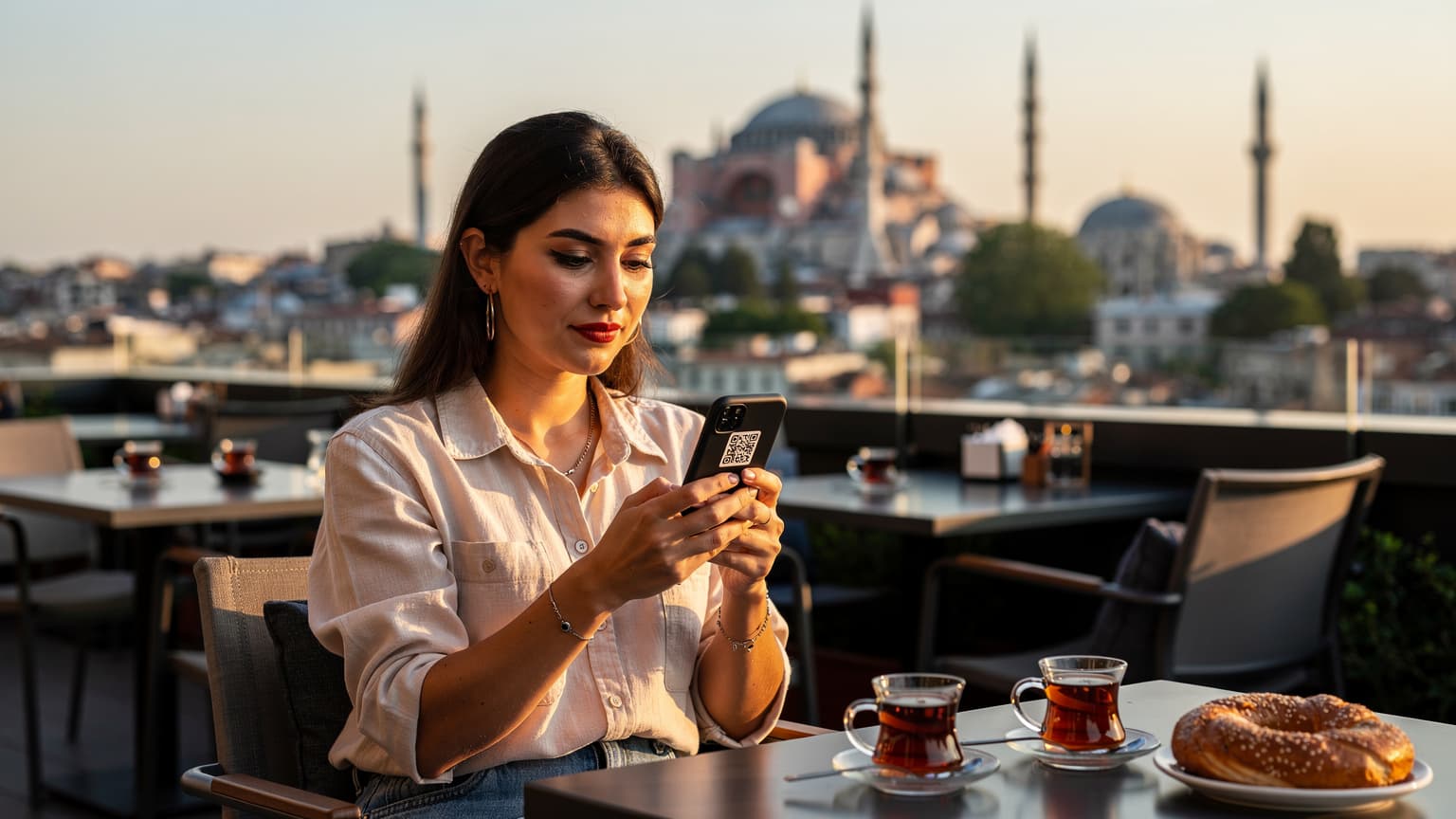 İstanbul'da tarihi yarımadanın çatılarında oturan genç bir kadın, telefonunda eSIM QR kodunu tarayarak kurulum yapıyor.