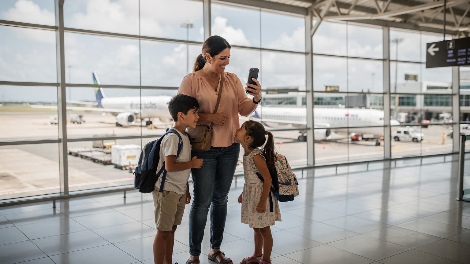 Uma mãe sorridente e seus dois filhos, um menino e uma menina, em um aeroporto movimentado em Salvador, Brasil, olhando para um iPhone 11 com uma vista panorâmica das pistas de decolagem.