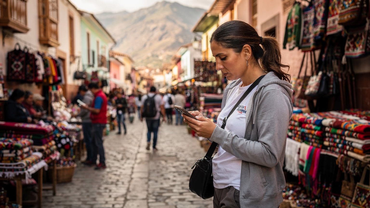 Una mujer con un teléfono revisa un mapa digital en un concurrido mercado al aire libre en La Paz, Bolivia, con edificios coloniales y montañas de fondo.