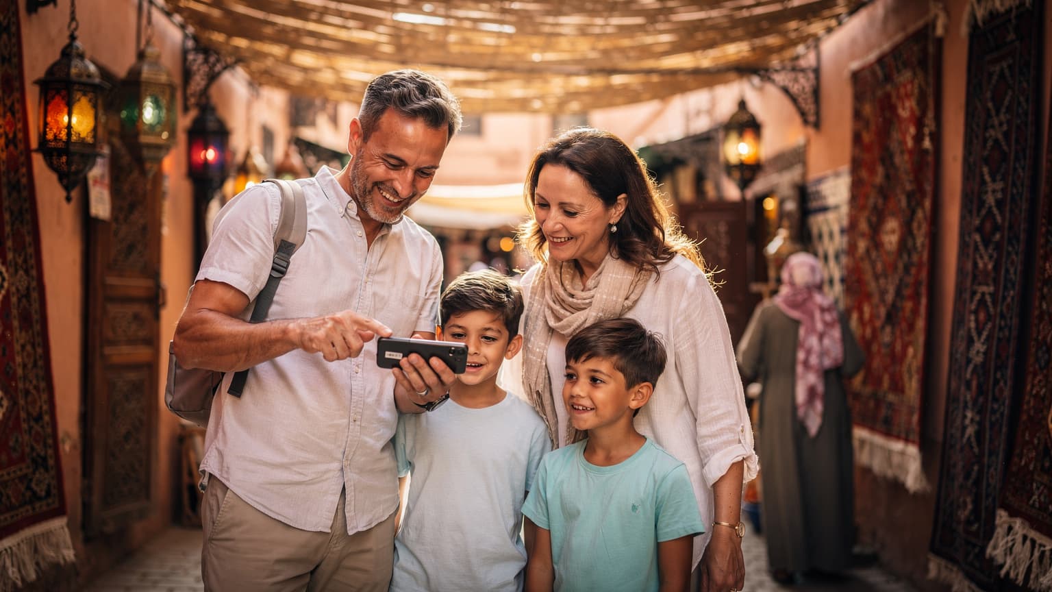 Une famille avec deux enfants, un garçon et une fille, souriant en consultant une carte numérique sur un téléphone dans le souk animé de Marrakech, l'ambiance chaleureuse du marché en arrière-plan.