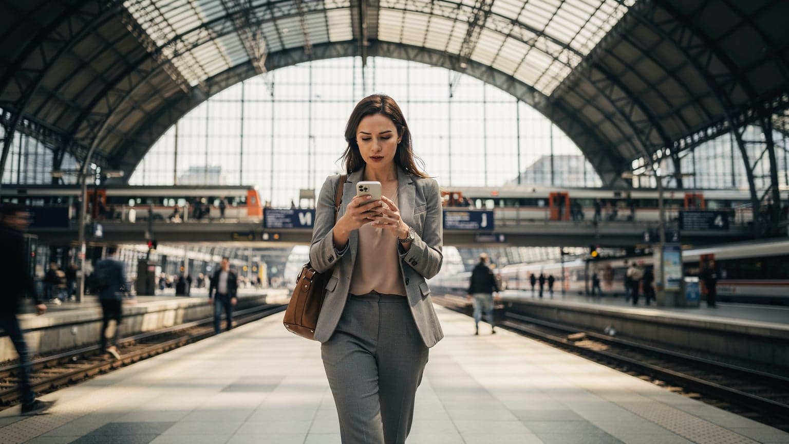 A woman confidently navigating a bustling train station in Berlin, Germany, checking her phone for directions while a modern train pulls into the platform.