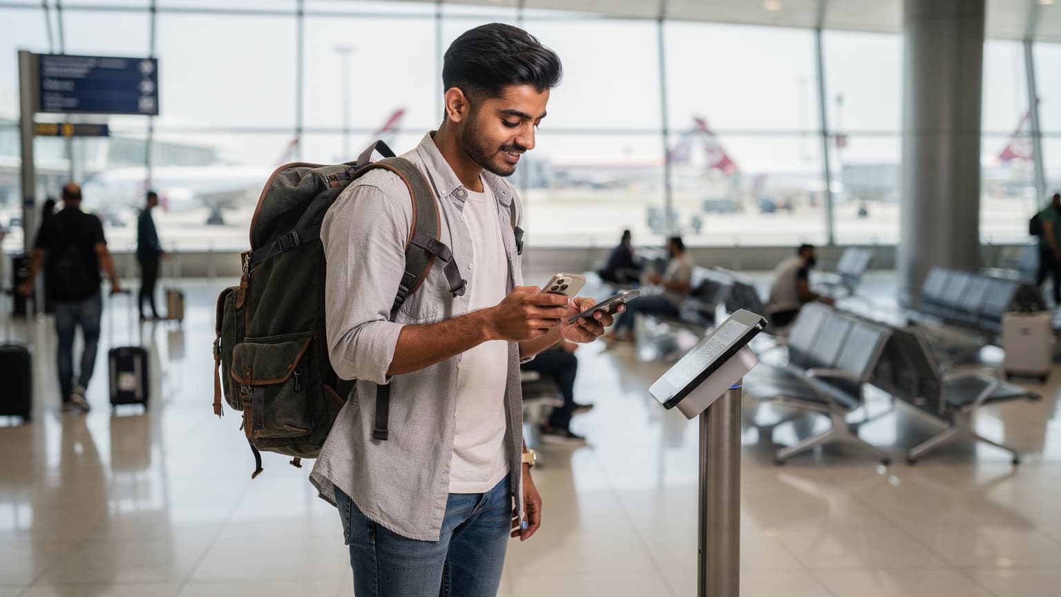 एक भारतीय यात्री दुबई के व्यस्त हवाई अड्डे पर अपने iPhone पर eSIM एक्टिवेशन QR कोड स्कैन कर रहा है, उसके बगल में एक बैकपैक रखा है।
