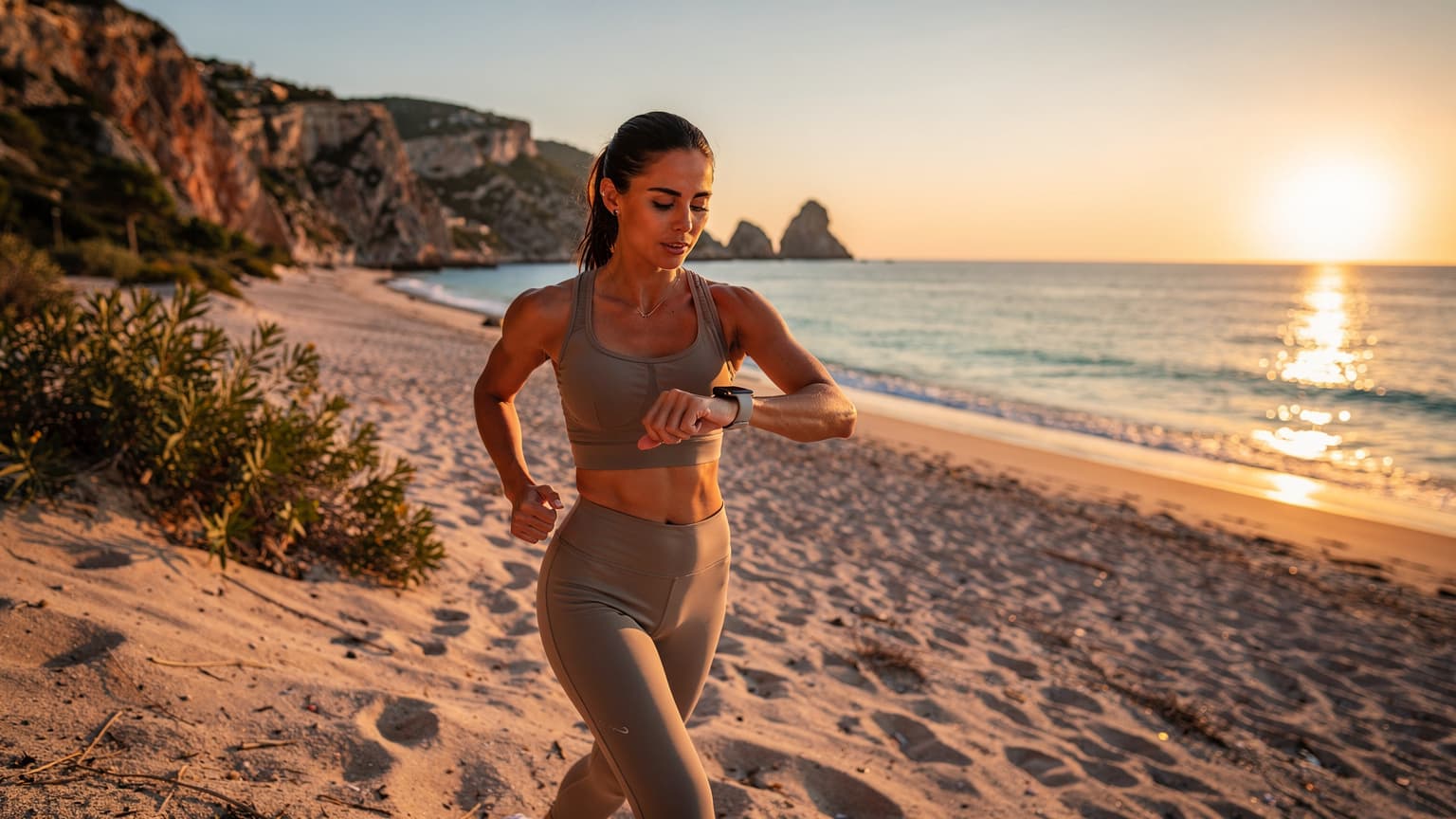 Eine Frau in Sportkleidung joggt am Strand von Mallorca bei Sonnenaufgang, während sie auf ihre Apple Watch blickt und Musik hört.