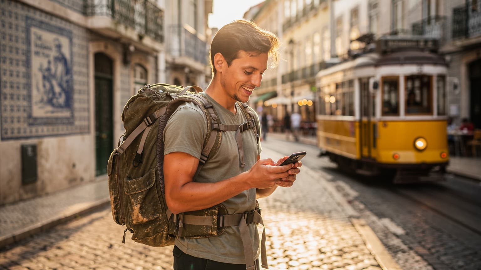 Ένας νεαρός backpacker κοιτάζει την οθόνη του κινητού του, χαμογελώντας, καθώς στέκεται σε έναν πολυσύχναστο δρόμο στην περιοχή Baixa της Λισαβόνας, με τα χαρακτηριστικά κίτρινα τραμ να περνούν στο βάθος.