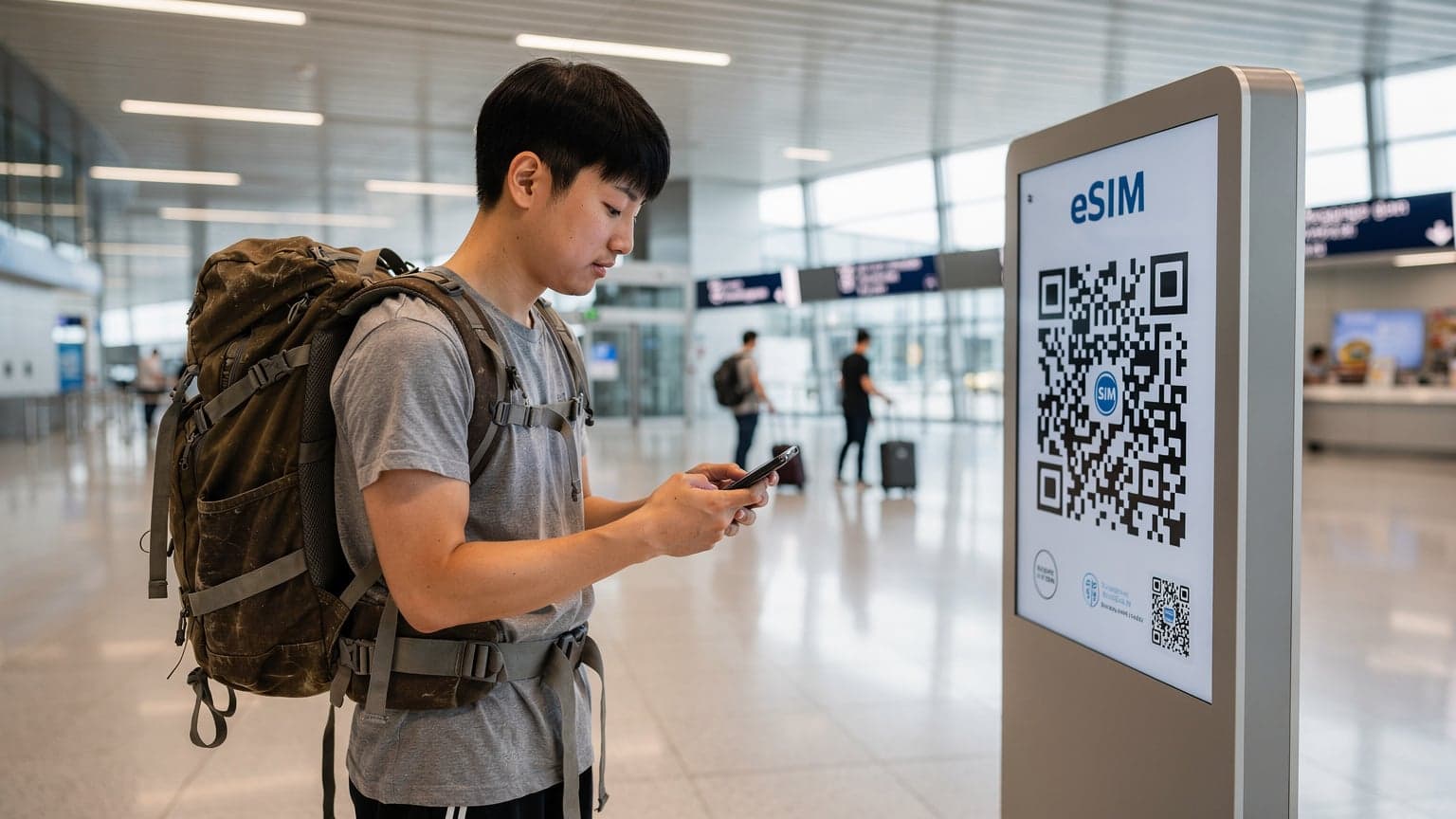 해외 공항 도착 홀에서 배낭을 메고 스마트폰으로 eSIM을 활성화하는 한국인 남성 여행자.