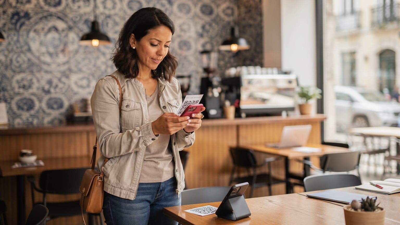 A woman confidently scanning a QR code on her phone at a bustling coffee shop in Lisbon, with traditional azulejo tiles visible in the background.