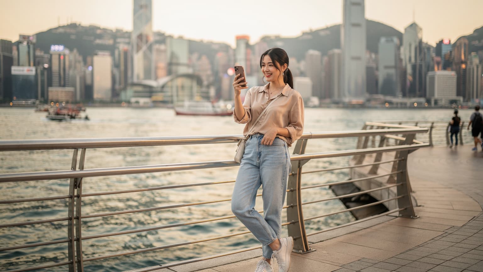一名年輕女性在香港中環海濱長廊使用iPhone手機,背景是維多利亞港和高樓大廈,她面帶微笑,享受著高速網絡連接。