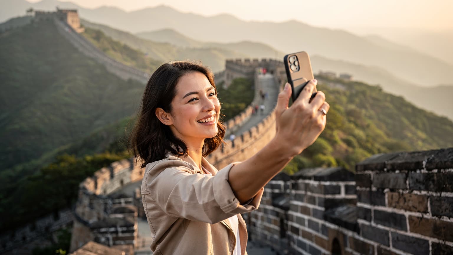 Seorang wanita tersenyum sambil memegang telefonnya di hadapan latar belakang Tembok Besar China yang megah pada waktu pagi.