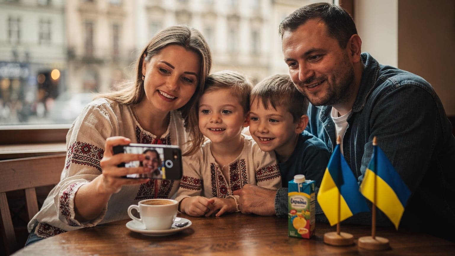 Українська родина з двома дітьми 8-10 років сидить за столиком у затишному кафе у Кракові, Польща, дивлячись відеодзвінок на телефоні та посміхаючись. На столику стоїть чашка кави, дитячий сік та маленькі українські прапорці.