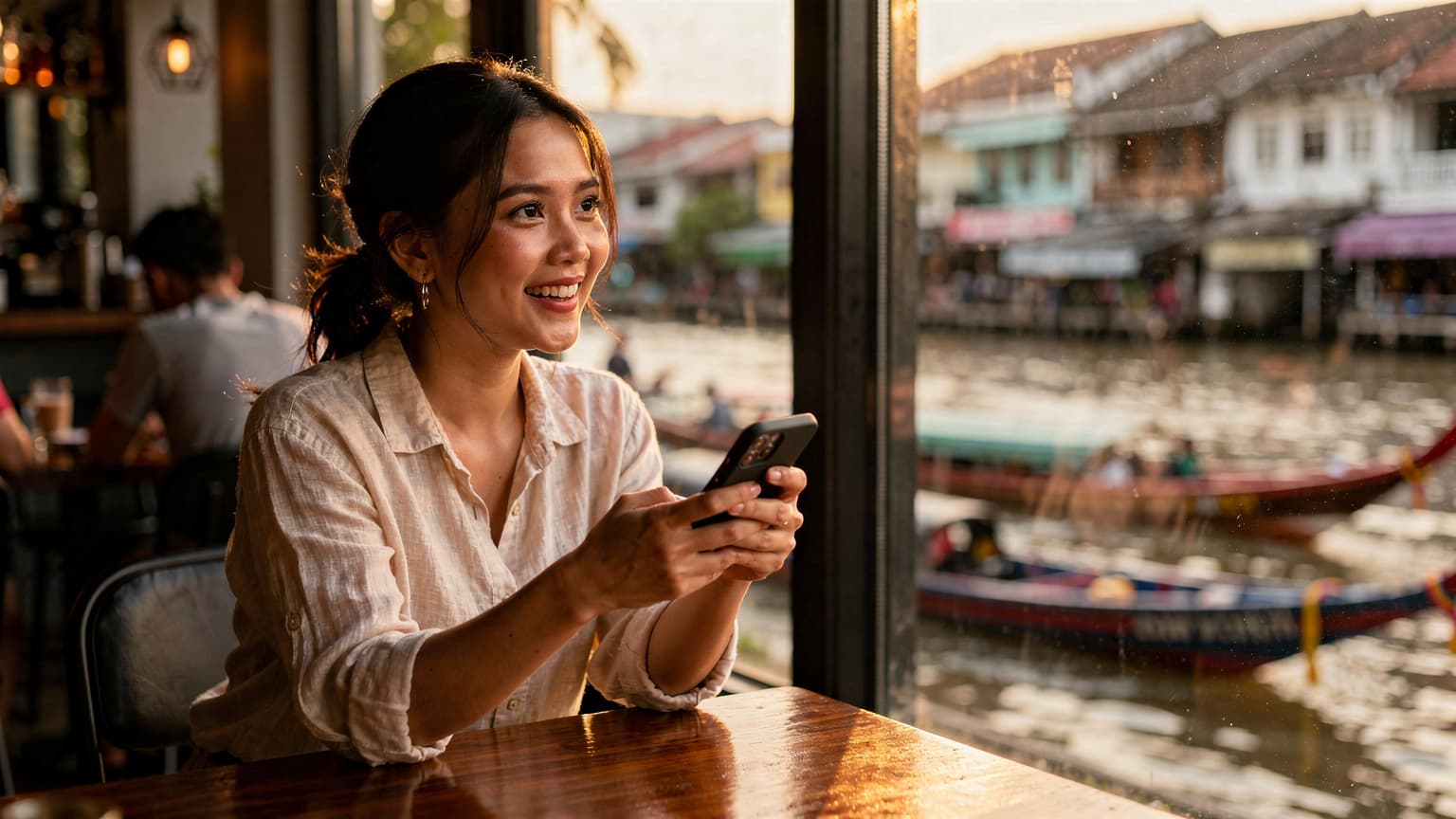 Seorang wanita tersenyum sambil memegang ponselnya di sebuah kafe tepi sungai yang ramai di tepi Sungai Chao Phraya, Bangkok, Thailand, dengan perahu-perahu tradisional melintas di latar belakang.