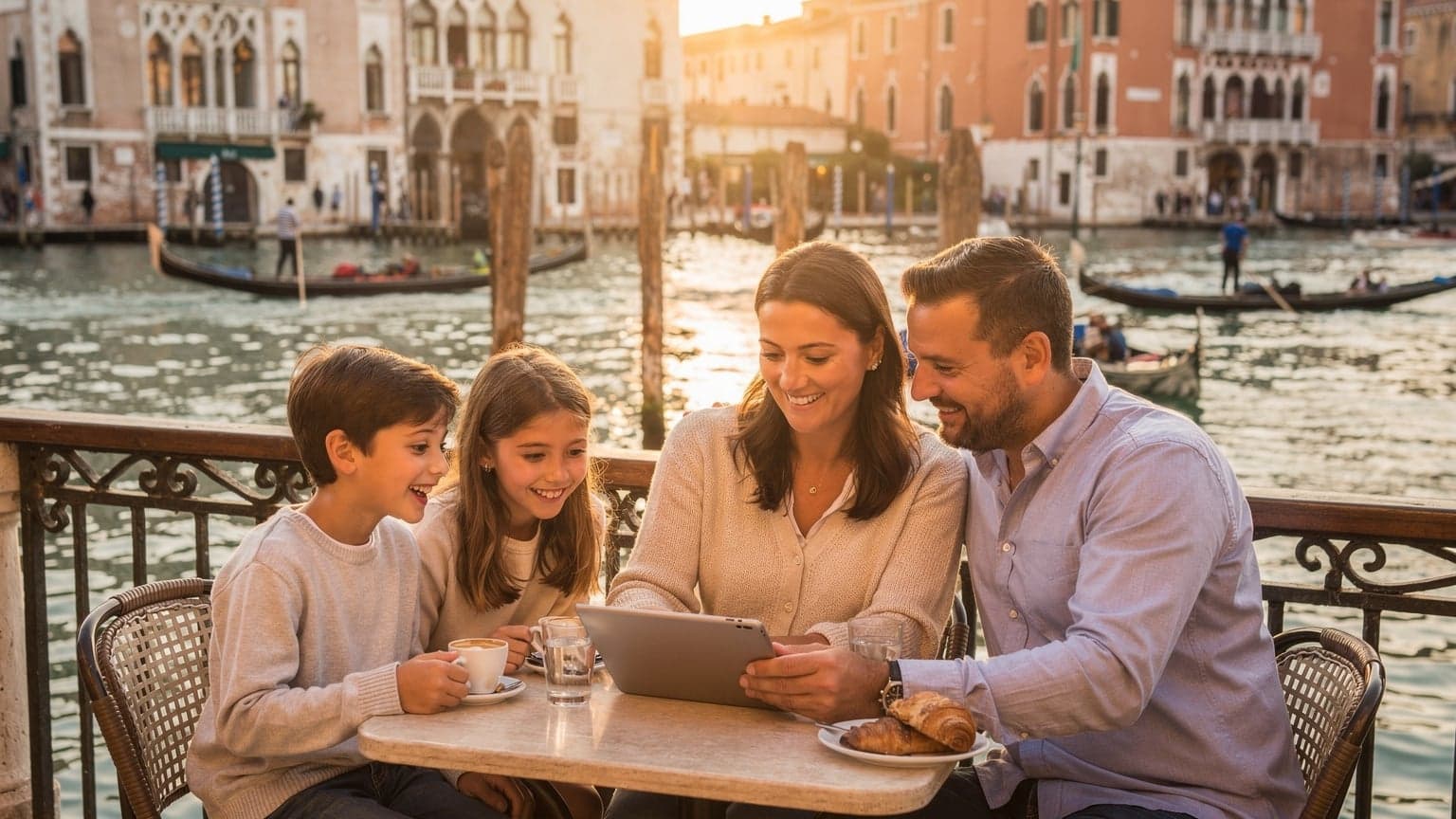 Una famiglia, due adulti e due bambini, che sorridono e guardano un tablet mentre sono seduti in un caffè all'aperto affacciato sul Canal Grande a Venezia durante il tramonto.