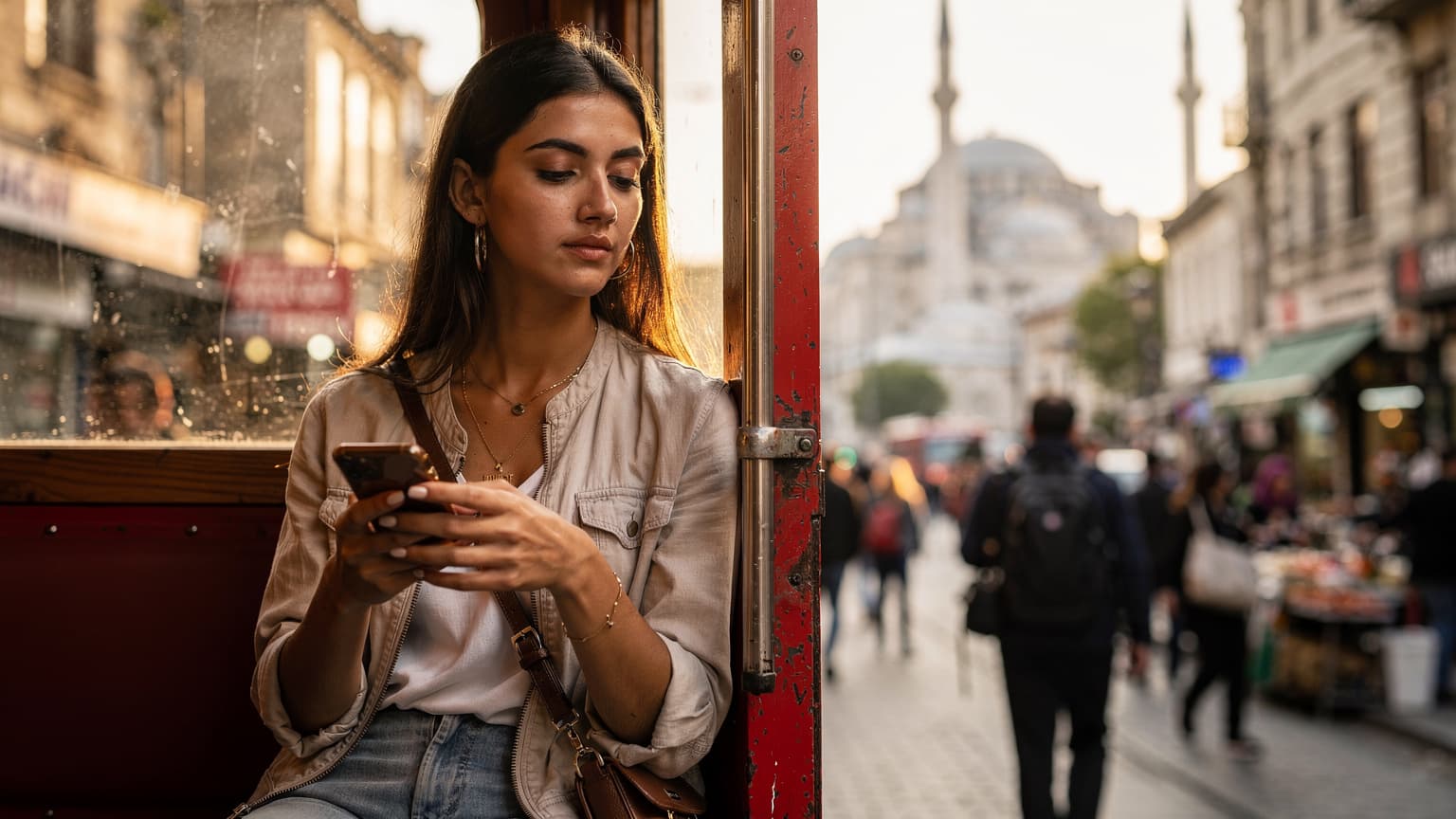 İstanbul'da tarihi bir tramvayda oturan, pencereden dışarı bakarken telefonundaki eSIM uygulamasını kontrol eden bir kadın.
