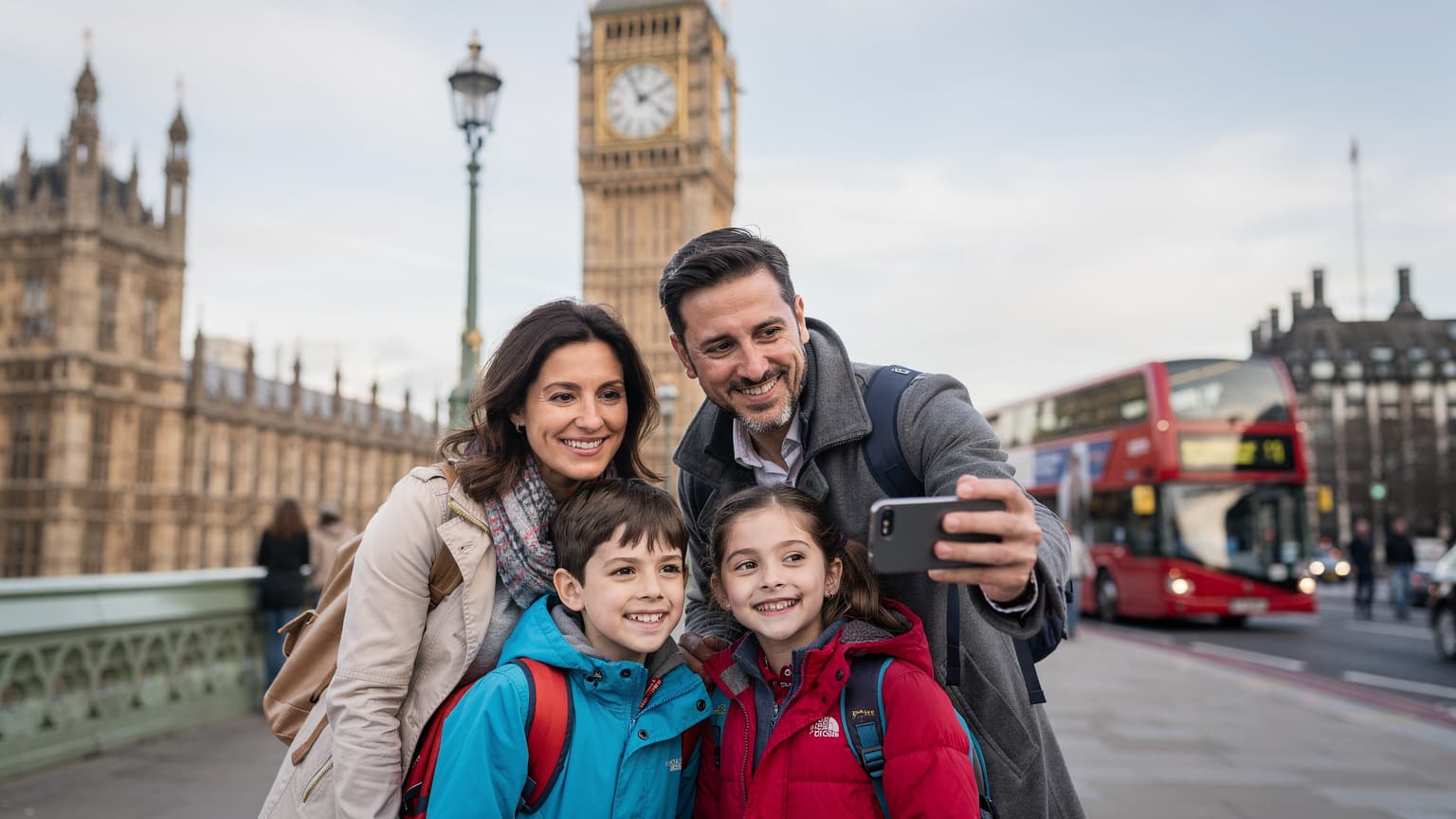 Una famiglia italiana, genitori e due bambini, sorride mentre si scatta un selfie davanti al Big Ben a Londra, con i loro telefoni abilitati eSIM pronti all'uso.