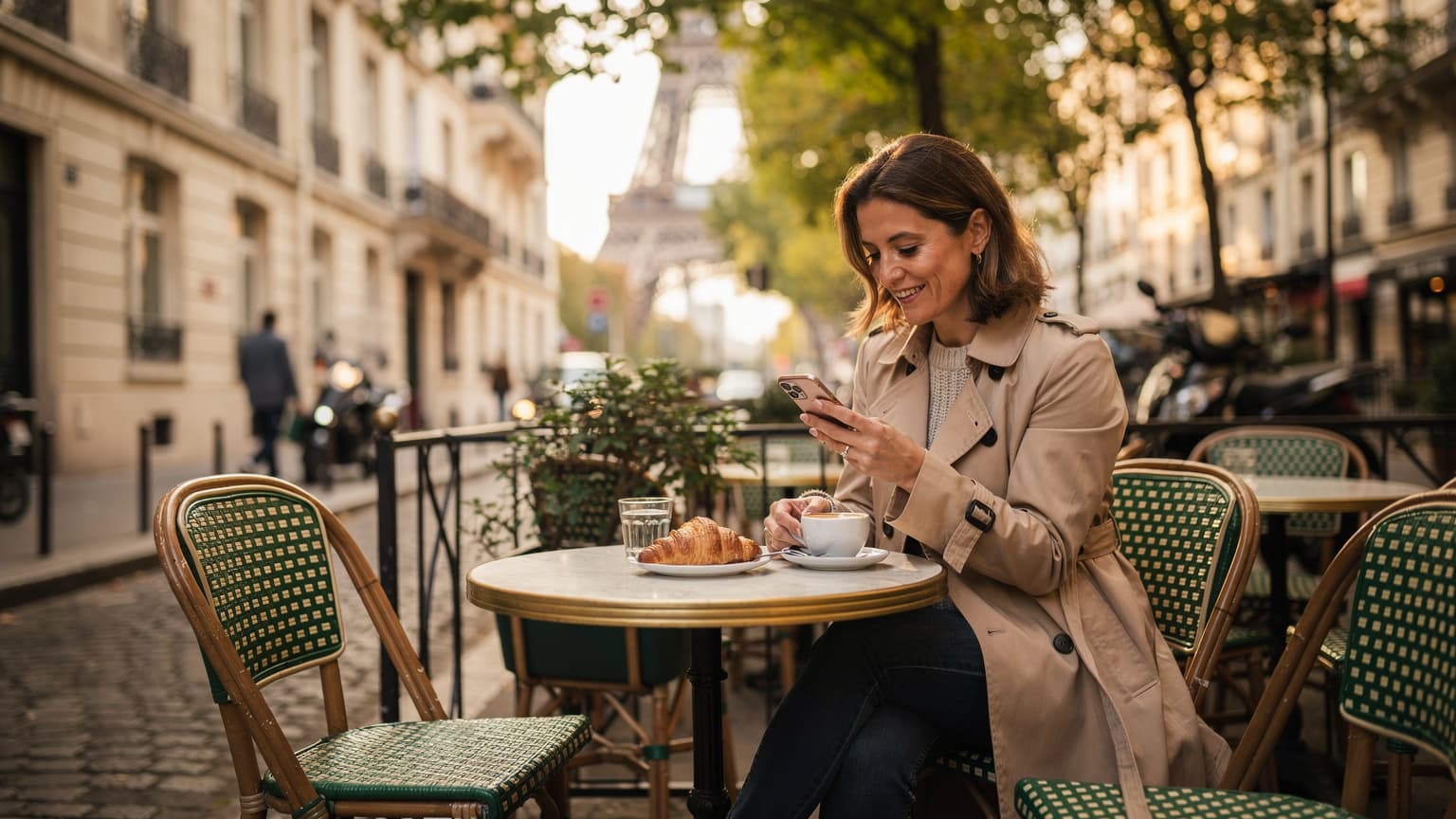 Une femme souriante, assise à la terrasse d'un café parisien dans le quartier du Marais, consulte son téléphone portable avec une tour Eiffel stylisée en arrière-plan, symbolisant la connectivité en voyage.