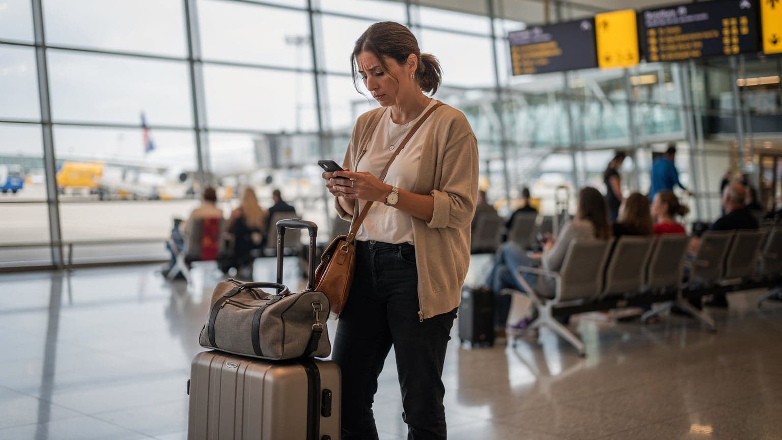 Een reiziger kijkt bezorgd naar haar telefoon in een drukke vertrekhal van een vliegveld, met koffers om haar heen en andere gestresste passagiers op de achtergrond.