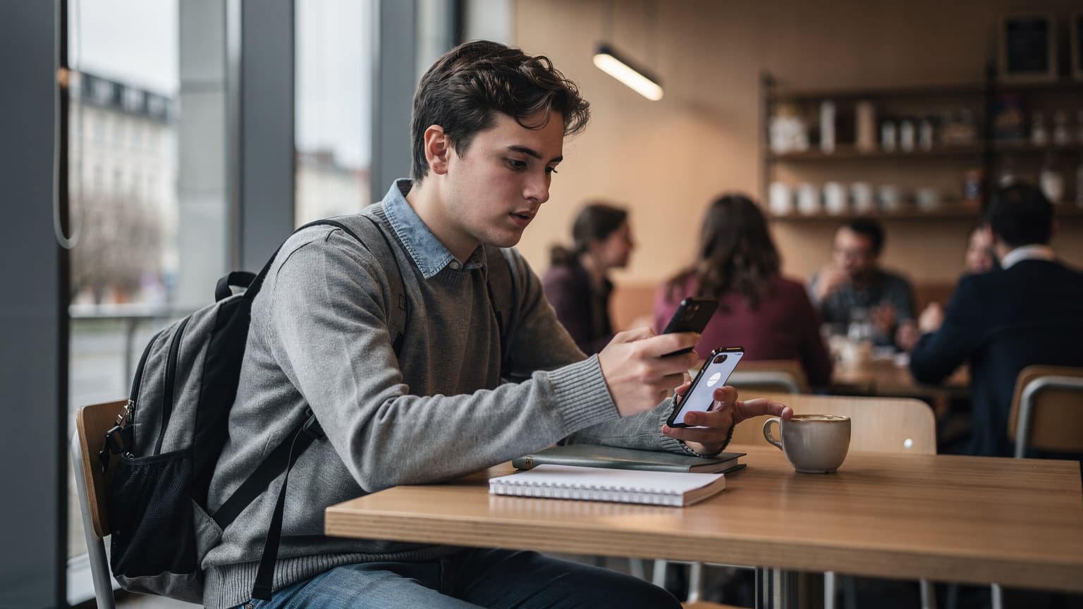 En norsk student ved et bord på en universitetskafé i Berlin, med en bærbar PC og en smarttelefon som viser en eSIM-aktiveringsskjerm, i ferd med å ta en slurk kaffe.