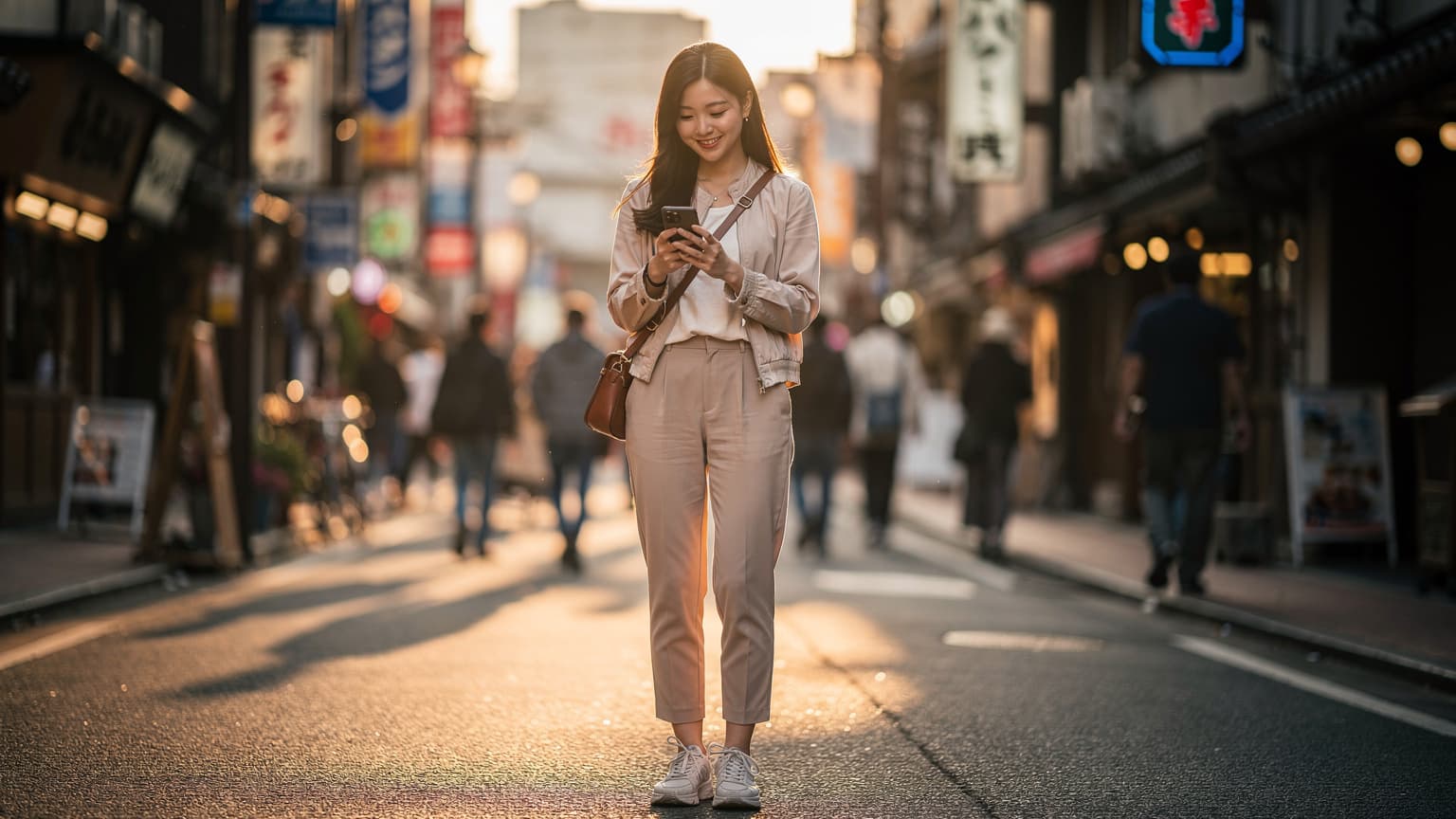 후쿠오카 하카타역 인근의 분주한 거리에서 한 여성이 스마트폰으로 지도를 검색하며 미소 짓고 있다.
