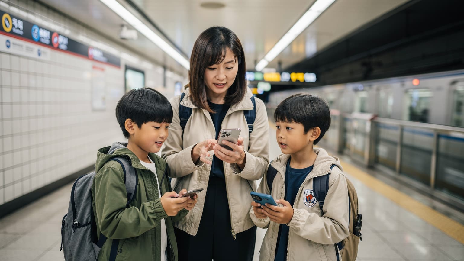 ソウルの地下鉄駅で、母親が子供と一緒にスマートフォンを使ってCellesim eSIMをアクティベートしている様子。