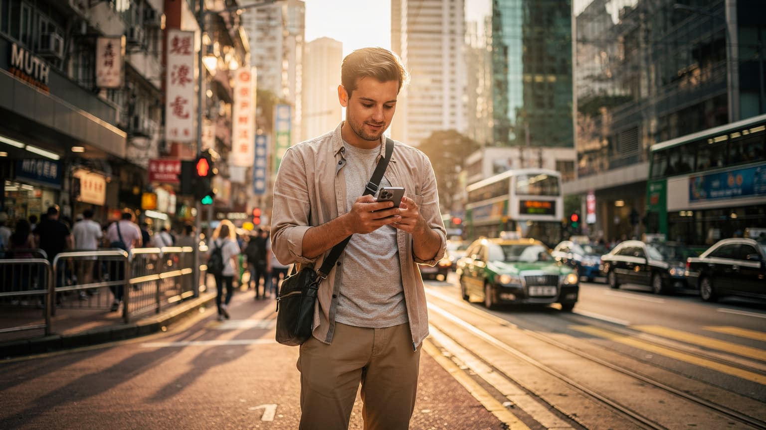一名年輕的iPhone用戶在香港中環熱鬧的街道上,手持手機查看地圖,背景是現代高樓大廈和穿梭的人群,展現出都市生活的動感與便捷。
