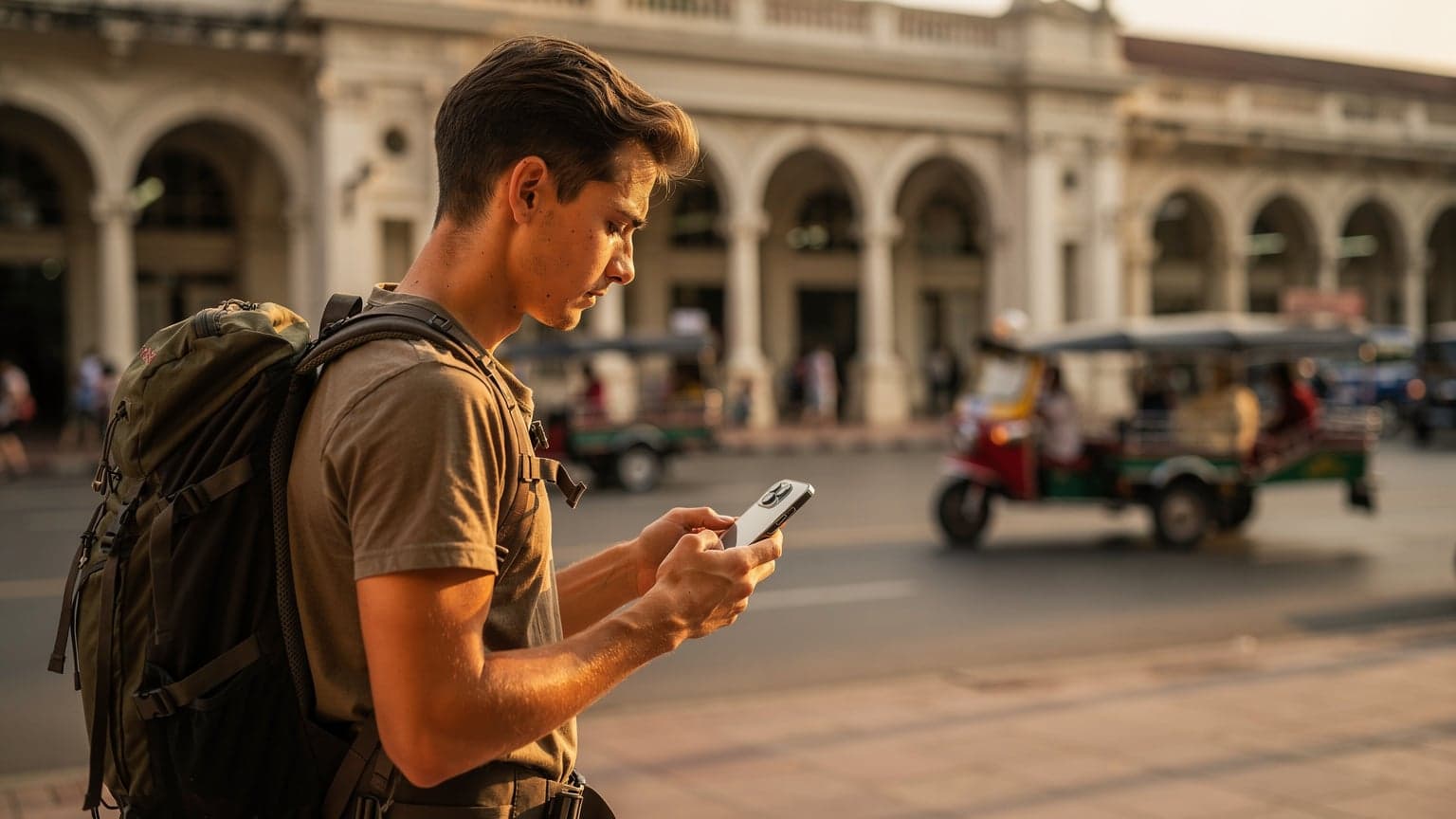 A budget backpacker holding an iPhone, checking settings for an eSIM number, standing in front of a busy train station in Bangkok, Thailand, with a blurred background of commuters and local vendors.