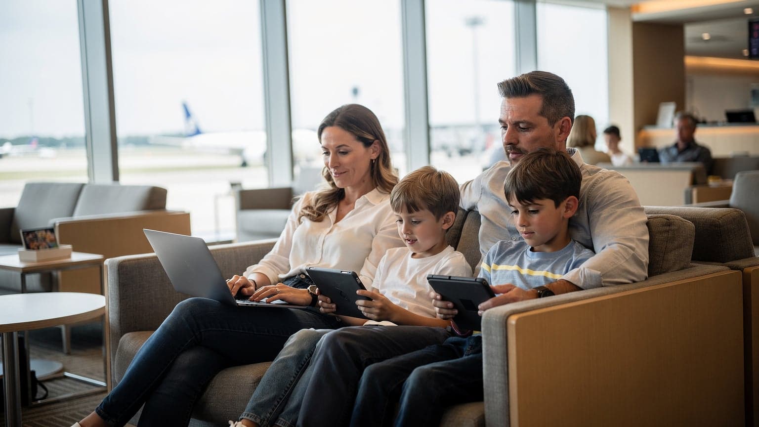A family, including two children aged 8 and 11, sitting comfortably in an airport lounge, each engrossed in their own device. The mother is looking at a laptop, while the children are on tablets. Luggage is neatly stacked nearby, suggesting readiness for a flight.