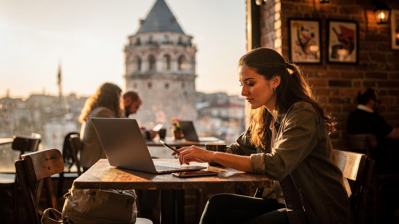 İstanbul'daki bir kafede, pencereden Galata Kulesi manzarası eşliğinde laptop ve telefonla çalışan bir dijital göçebe.