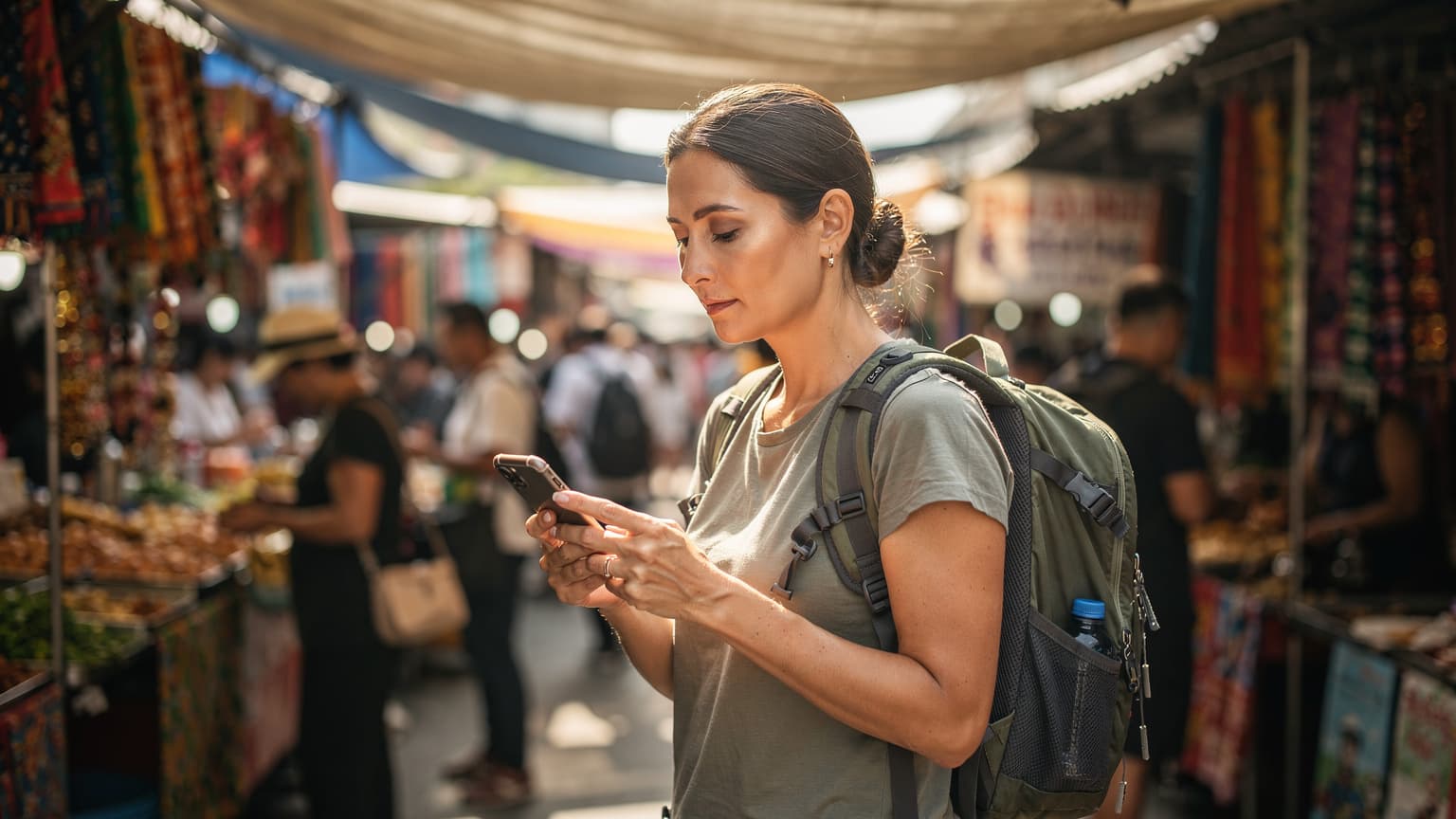 Een vrouw met een rugzak kijkt naar haar telefoon op een drukke markt in Bangkok, Thailand, met kleurrijke kraampjes op de achtergrond.