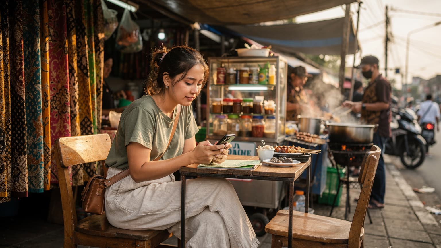 A woman uses her smartphone to check a map while sitting at a traditional warung in Yogyakarta's Malioboro street, with batik fabrics and local snacks in the background.