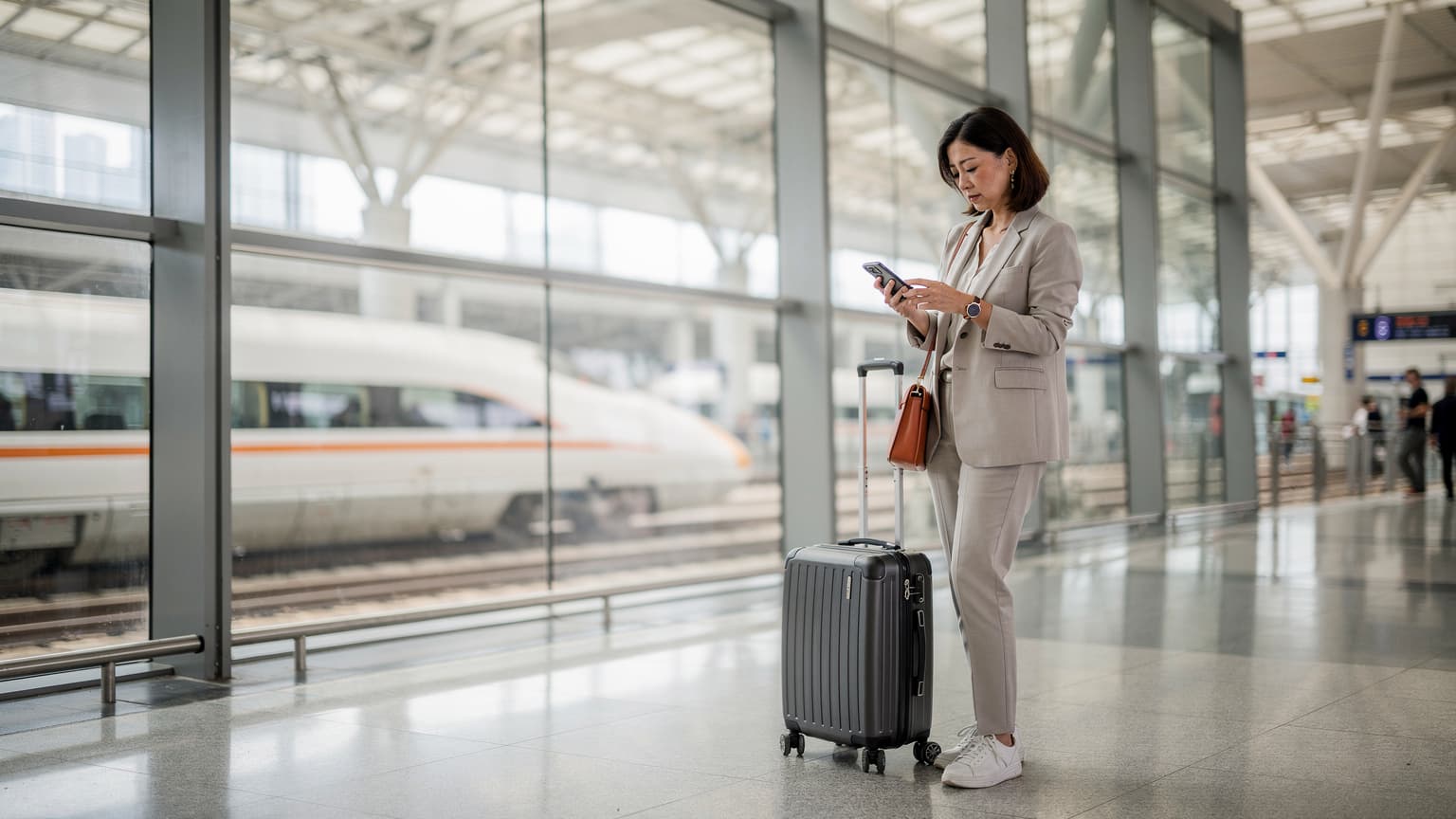 一名旅行者在香港西九龍站,手持手機檢查 eSIM 設定,背景是準備出發的高鐵列車,光線明亮。