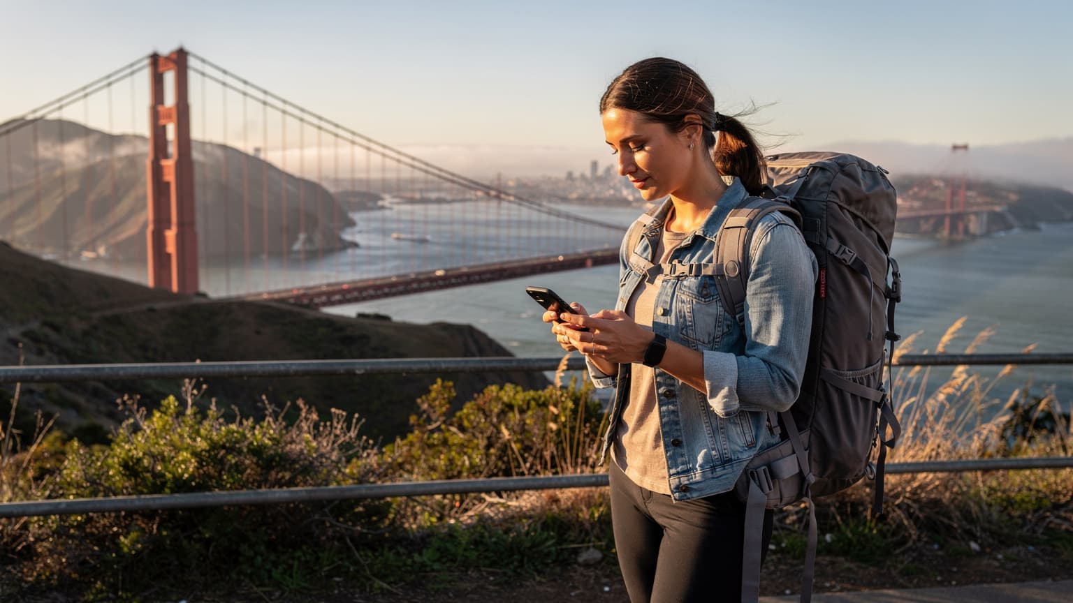 En kvinne med en ryggsekk og en smarttelefon i hånden, ser på kartet mens hun står foran Golden Gate Bridge i San Francisco i et mykt ettermiddagslys.