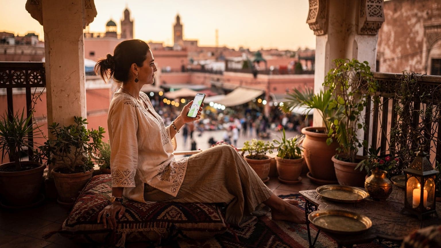 Kobieta w tradycyjnym marokańskim stroju, siedząca na dachu riadu w Marrakeszu, patrzy na zachód słońca nad miastem, trzymając w ręku telefon z widoczną mapą.