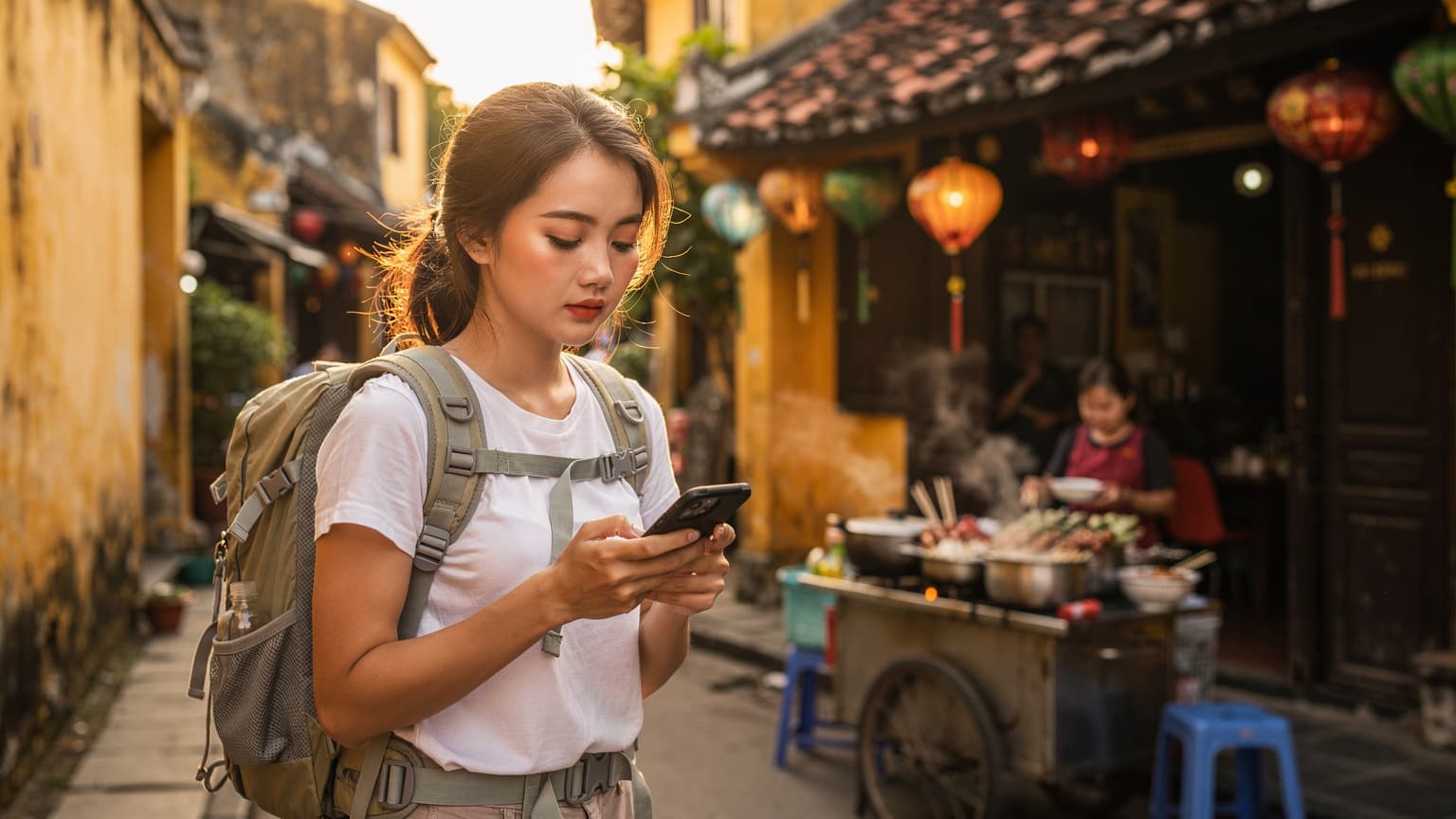 Một du khách trẻ đang sử dụng điện thoại thông minh của mình để kiểm tra bản đồ tại một quầy hàng bán đồ ăn đường phố nhộn nhịp ở khu phố cổ Hội An, Việt Nam, với ánh đèn lồng rực rỡ và những mái nhà cổ kính phía sau.