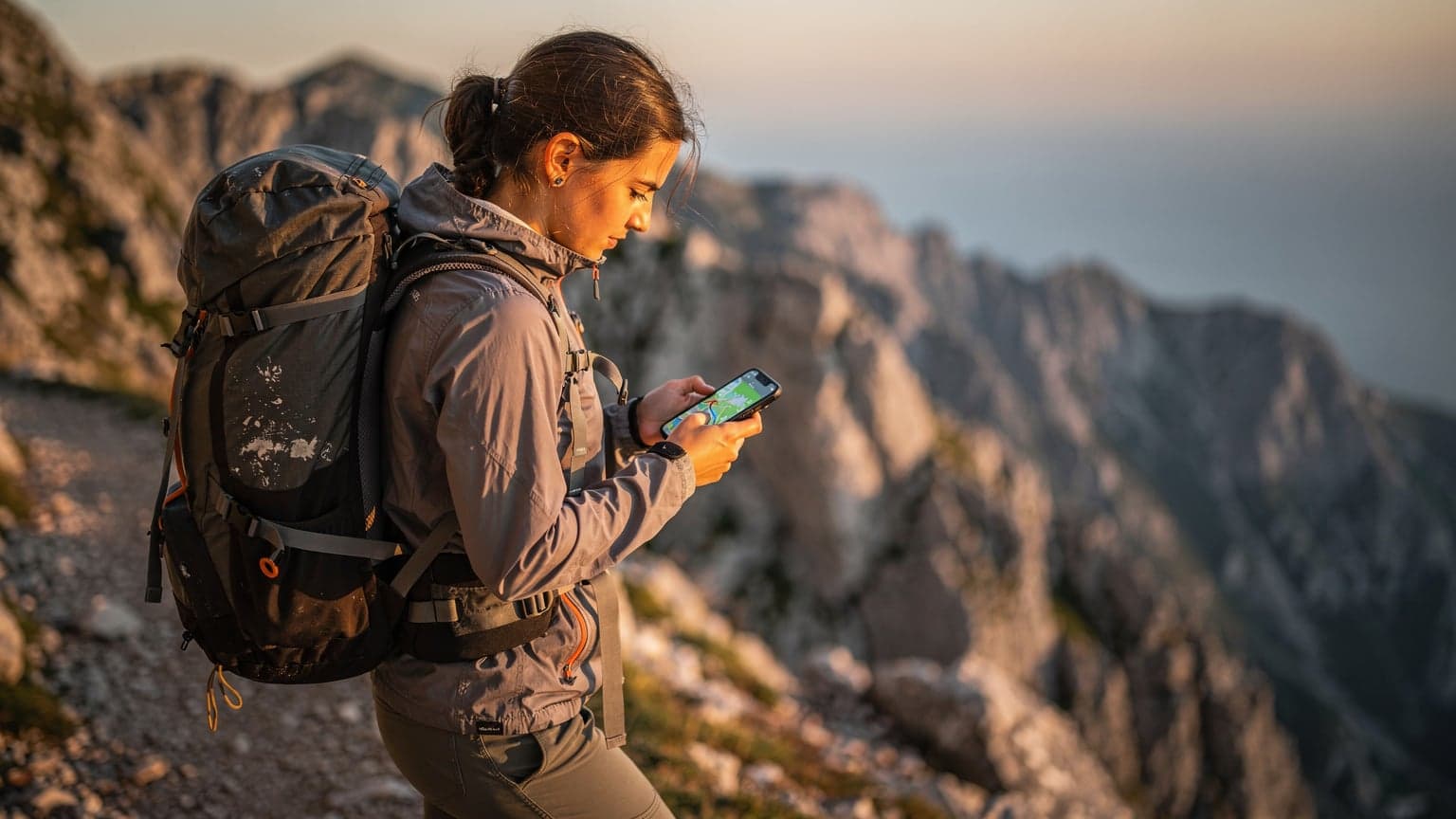 Eine junge Frau mit Wanderrucksack, die auf ihrem Smartphone eine digitale Karte in den Bergen Montenegros betrachtet, mit der Adria im Hintergrund, während die Sonne langsam untergeht.