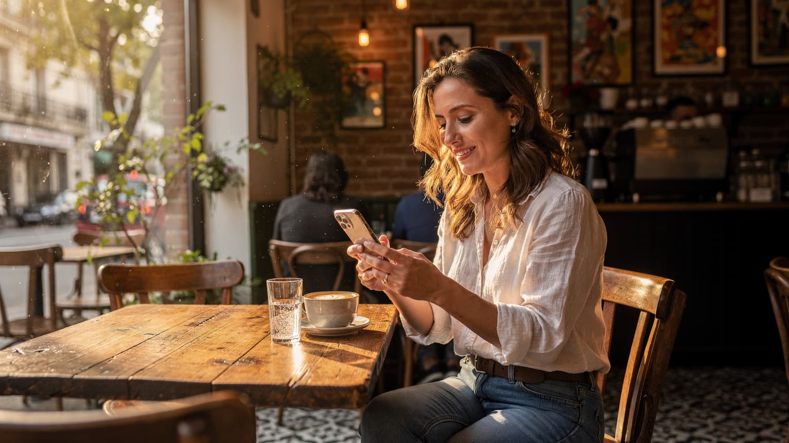 Uma mulher sorridente em um café charmoso no bairro de Palermo, Buenos Aires, olhando para o celular com um mapa aberto, com o laptop ao lado, capturada durante o pôr do sol.