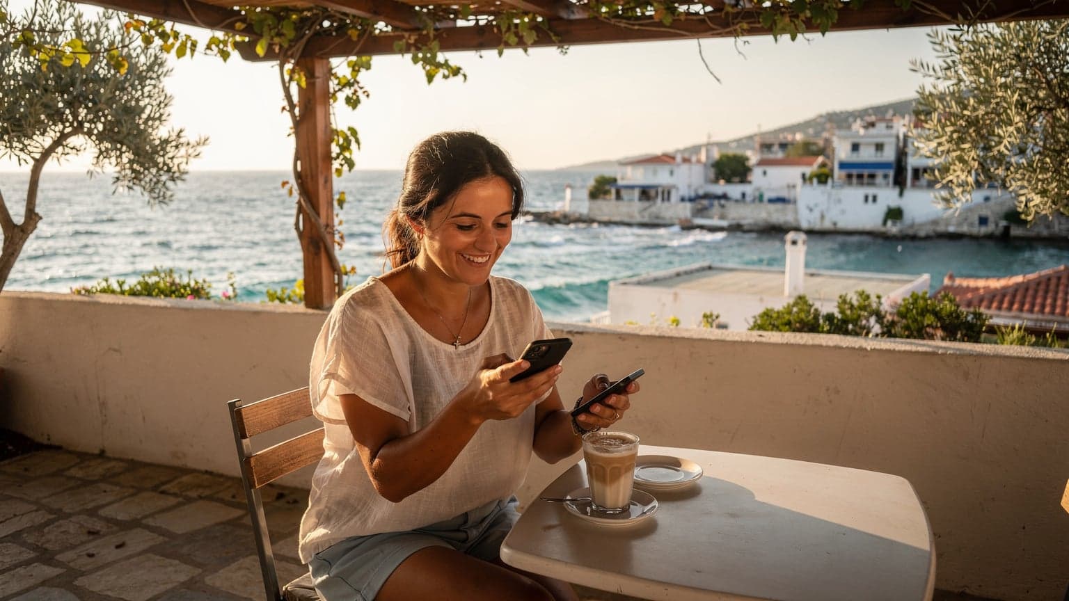 O turistă româncă zâmbește, verificându-și telefonul cu un eSIM activat, pe o terasă însorită cu vedere la Marea Egee, în Thassos, Grecia.