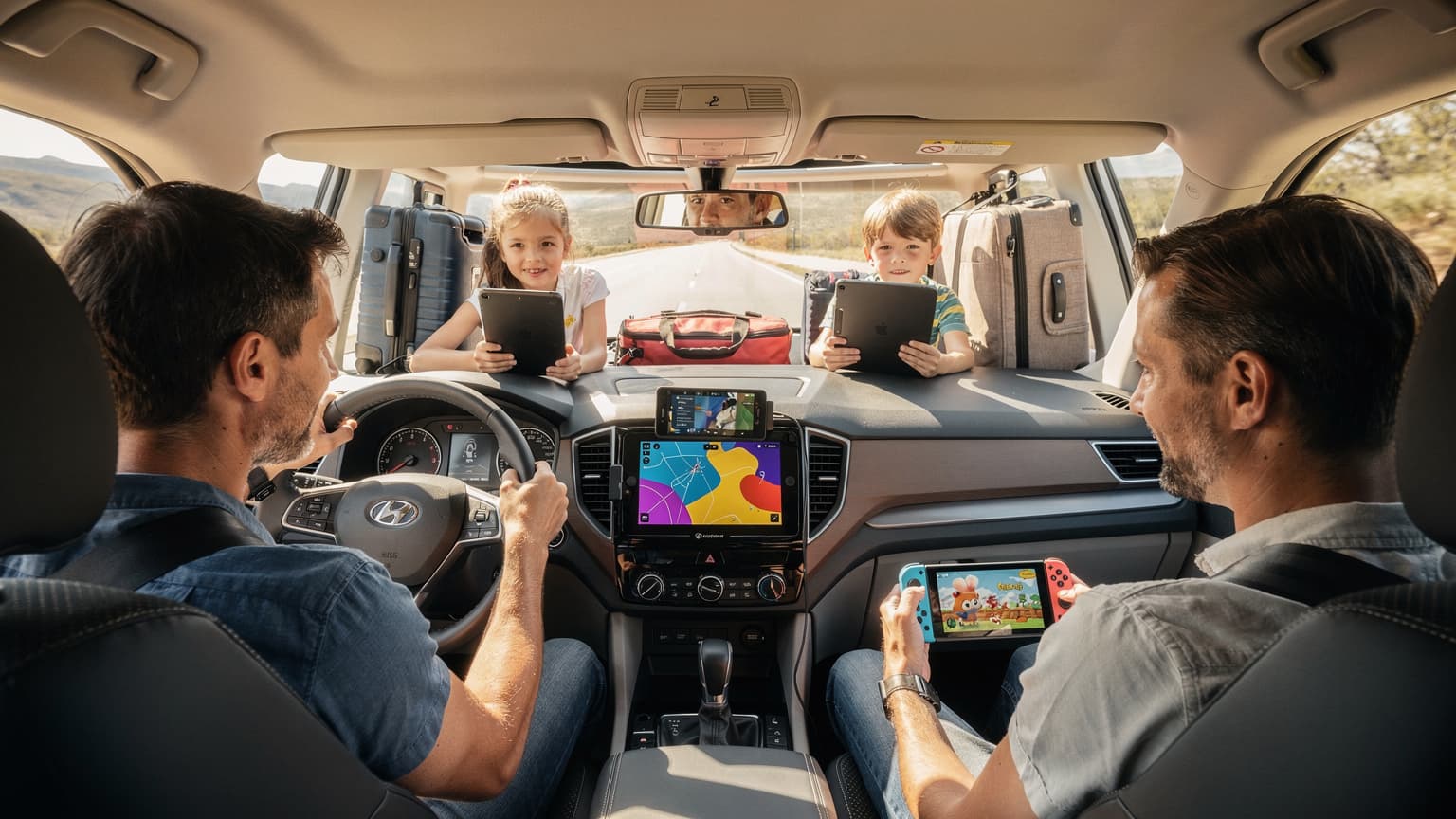 A family in a car, parents in front, two children in the back seats, all looking at their respective devices, with suitcases visible in the trunk, on a sunny highway during a summer road trip.