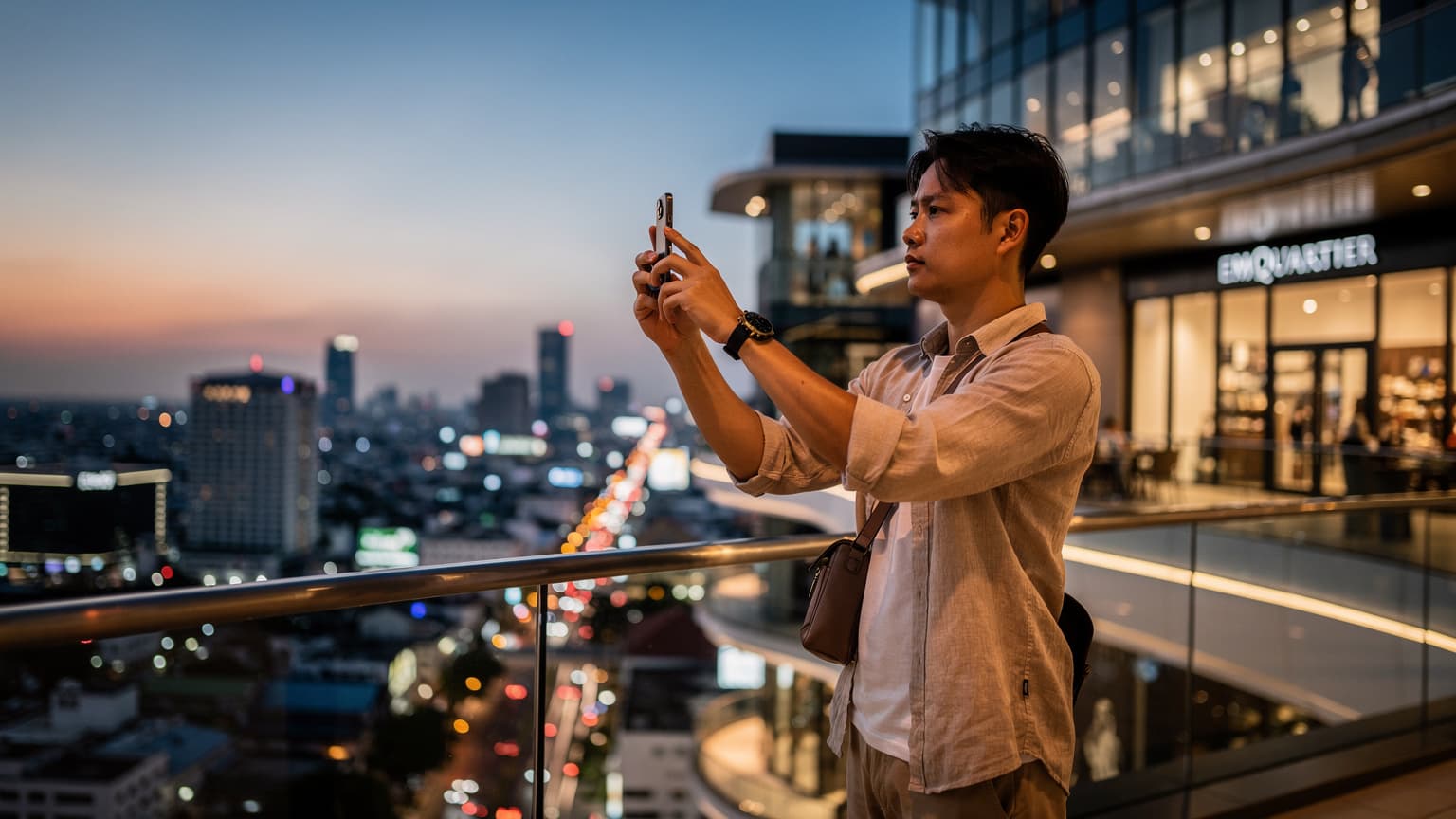 一名中国游客在曼谷的EmQuartier购物中心顶层,使用手机拍摄城市夜景,手机屏幕上显示着相机应用界面,远处是曼谷璀璨的城市灯光。